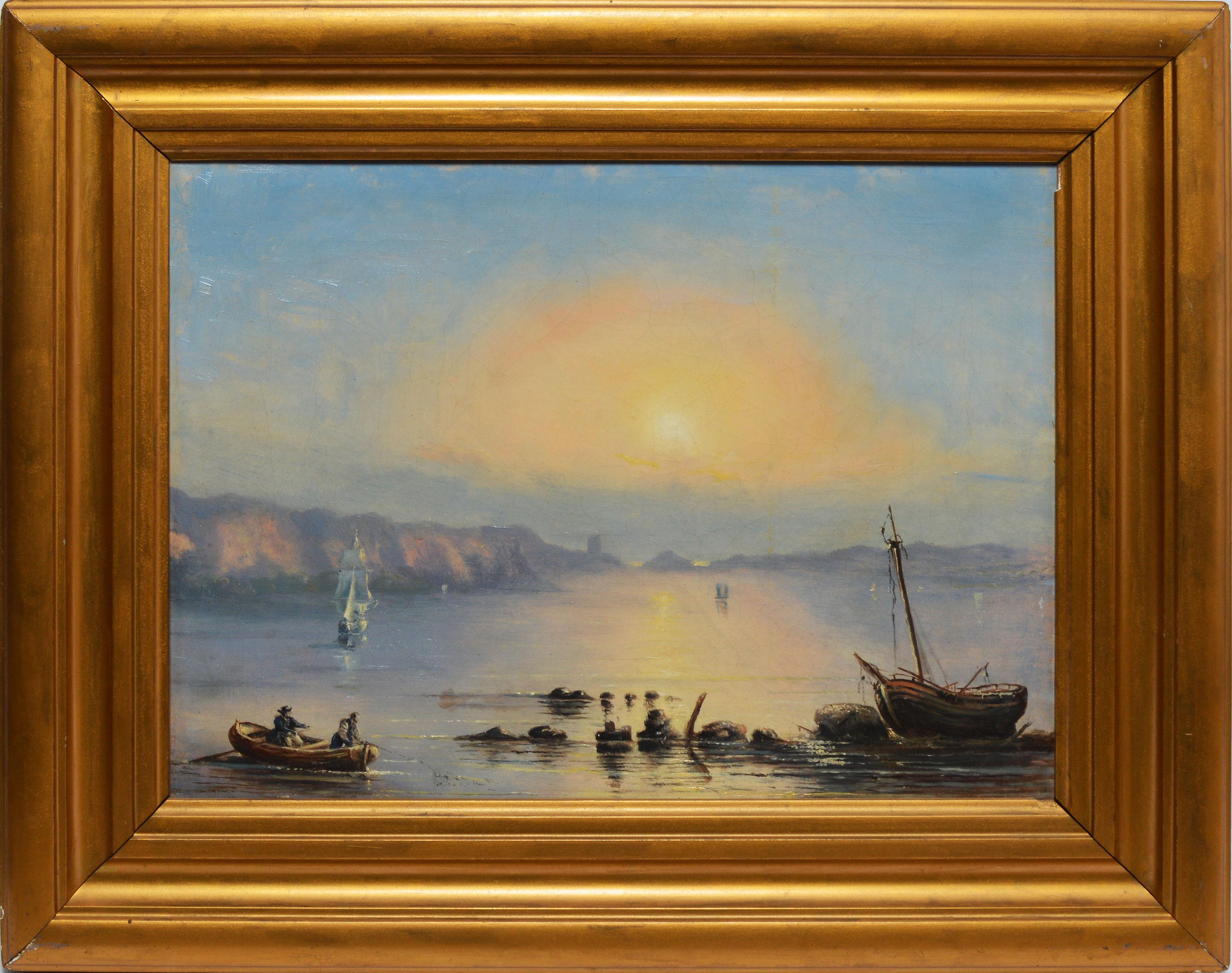 Unknown Landscape Painting - 19th Century Luminous Coastal Sunset Landscape Oil Painting