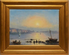 19th Century Luminous Coastal Sunset Landscape Oil Painting