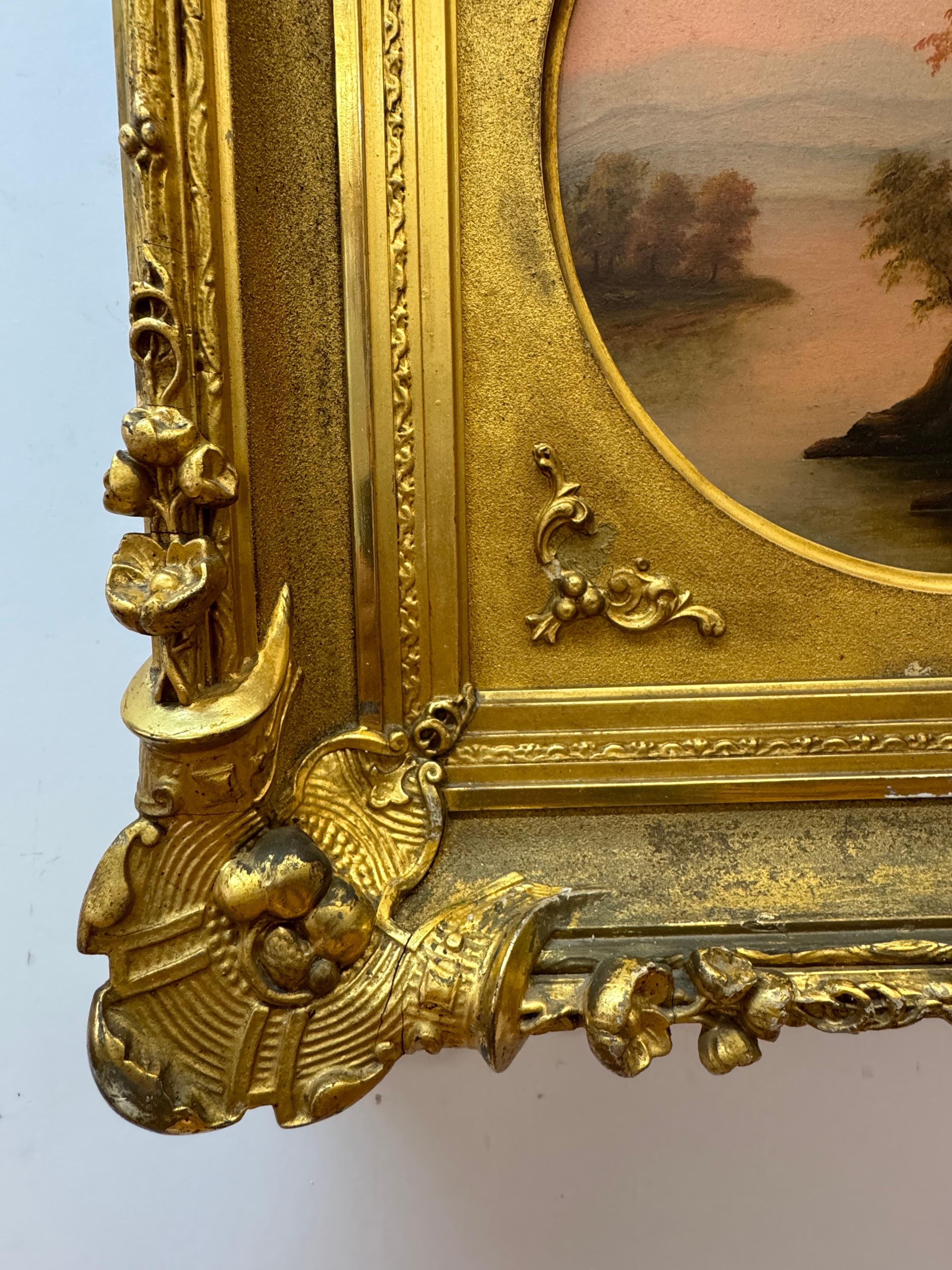 Arbre lumineux, paysage, peinture du 19ème siècle avec un beau cadre sculpté à la main 1