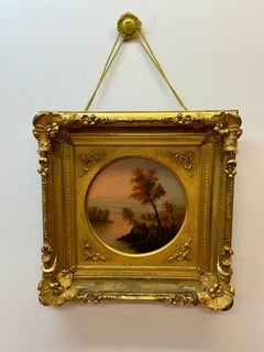 Arbre lumineux, paysage, peinture du 19ème siècle avec un beau cadre sculpté à la main