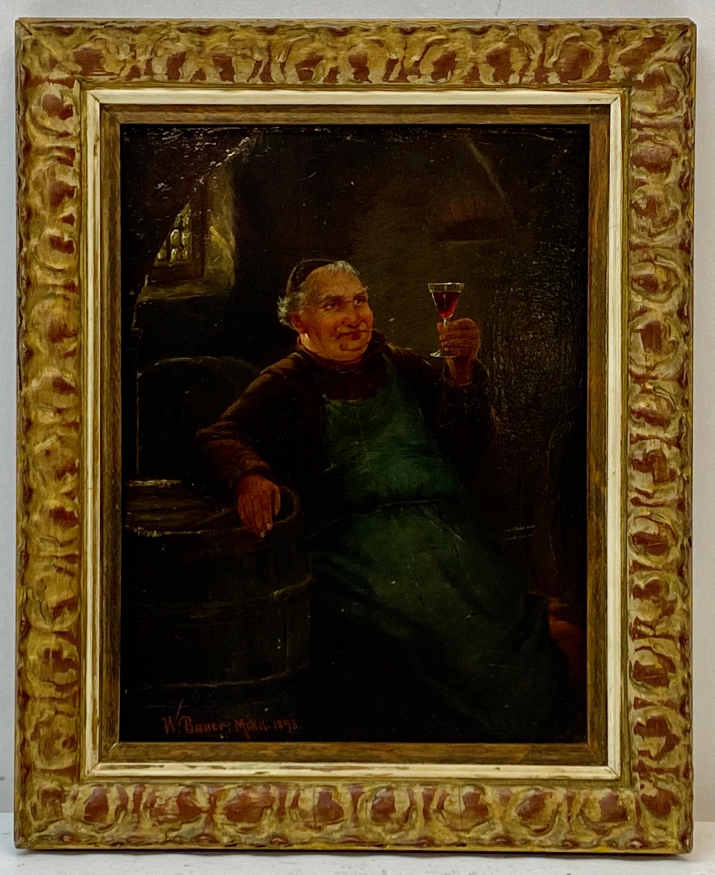 Unknown Portrait Painting - 19th Century Monk Wine Tasting Oil Painting by W. Bauer C.1893