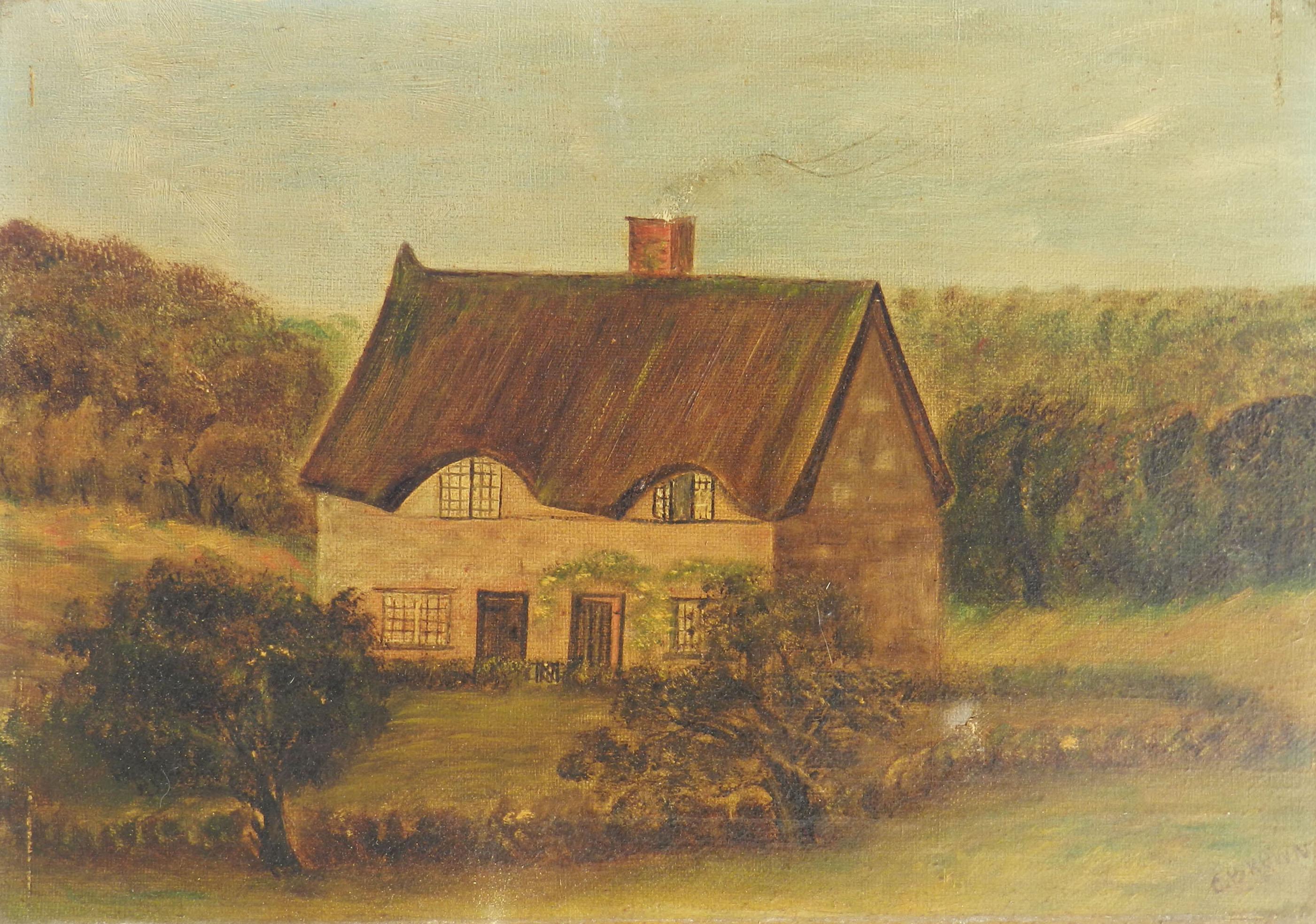 Landscape Painting Unknown - Peinture de maison naïve du 19ème siècle anglaise signée C Brown 