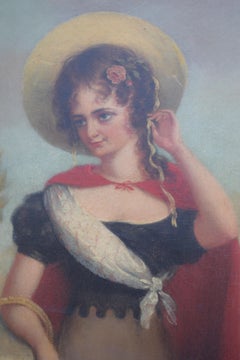 19th Century Naive Oil Painting English School Country Girl Portrait Folk Art