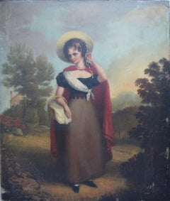 19th Century Naive Oil Painting English School Country Girl Portrait Folk Art