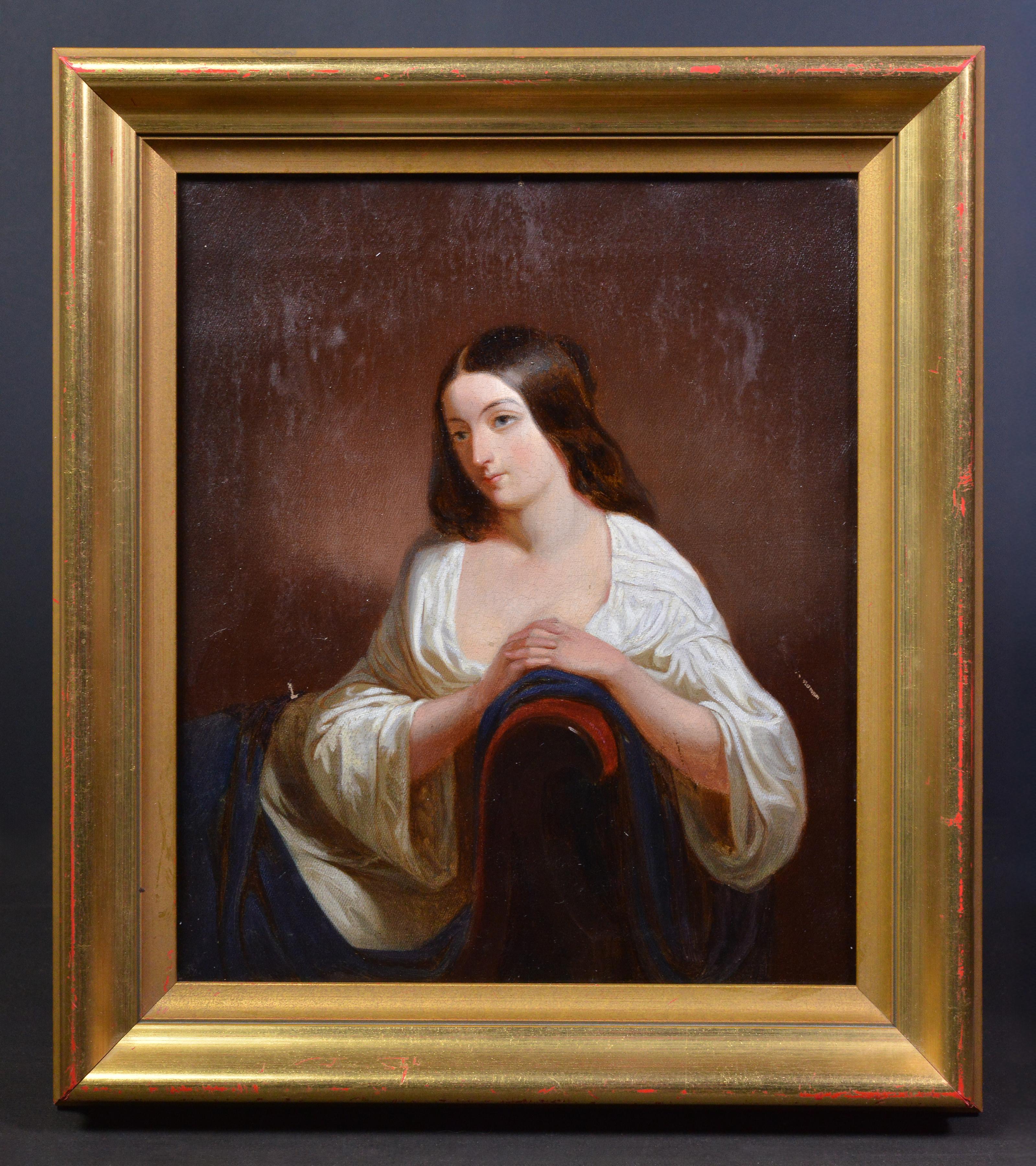 19th Century Neoclassical Oil Painting Romantic Portrait Lady Leaning on Sofa - Brown Portrait Painting by Unknown