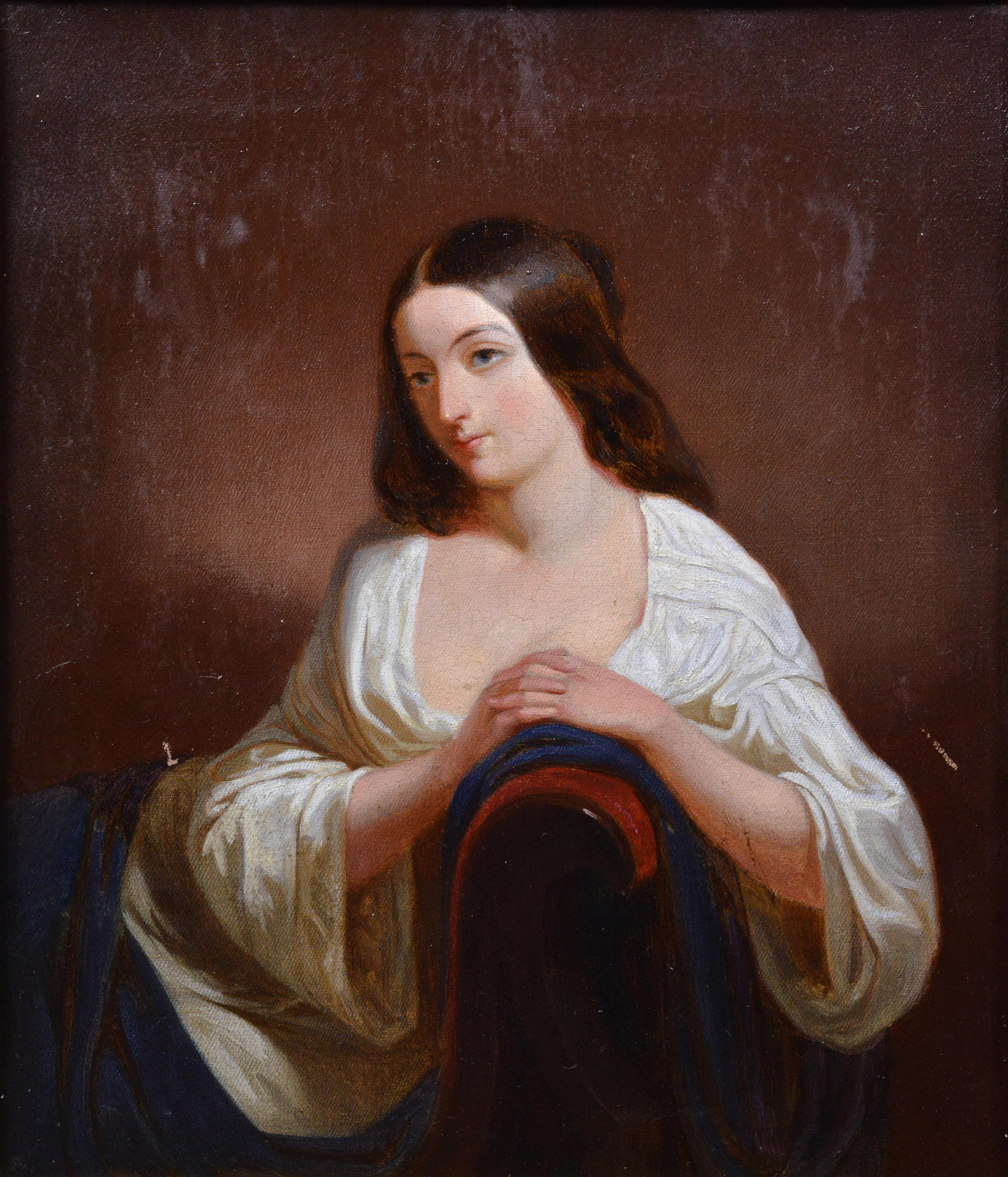 This exquisite antique 19th century oil painting on canvas depicts a romantic portrait of a young lady in serene contemplation. The model gracefully lies leaning against the curved armrest of the sofa in a relaxed pose. The deep neckline of elegant