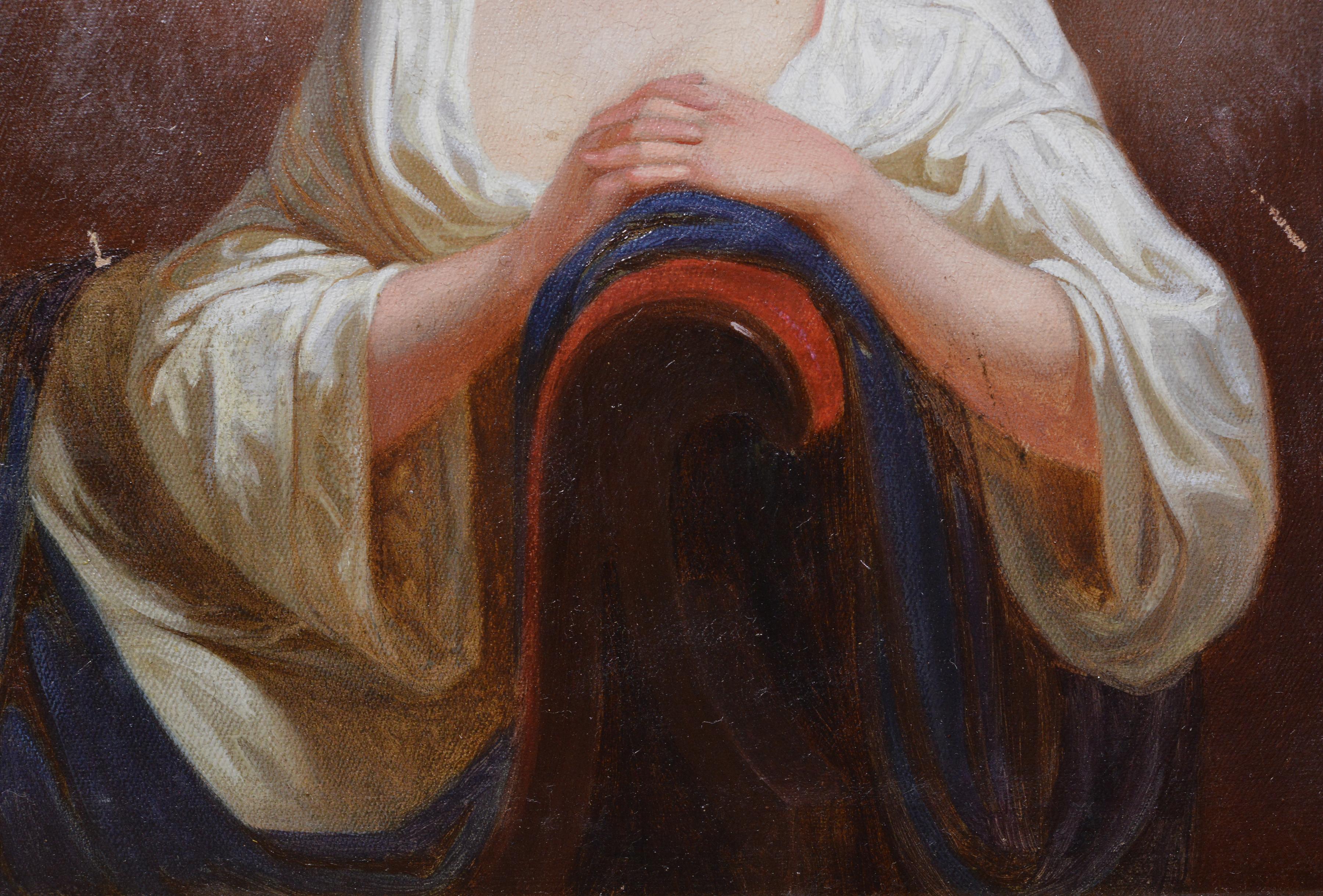 19th Century Neoclassical Oil Painting Romantic Portrait Lady Leaning on Sofa For Sale 2