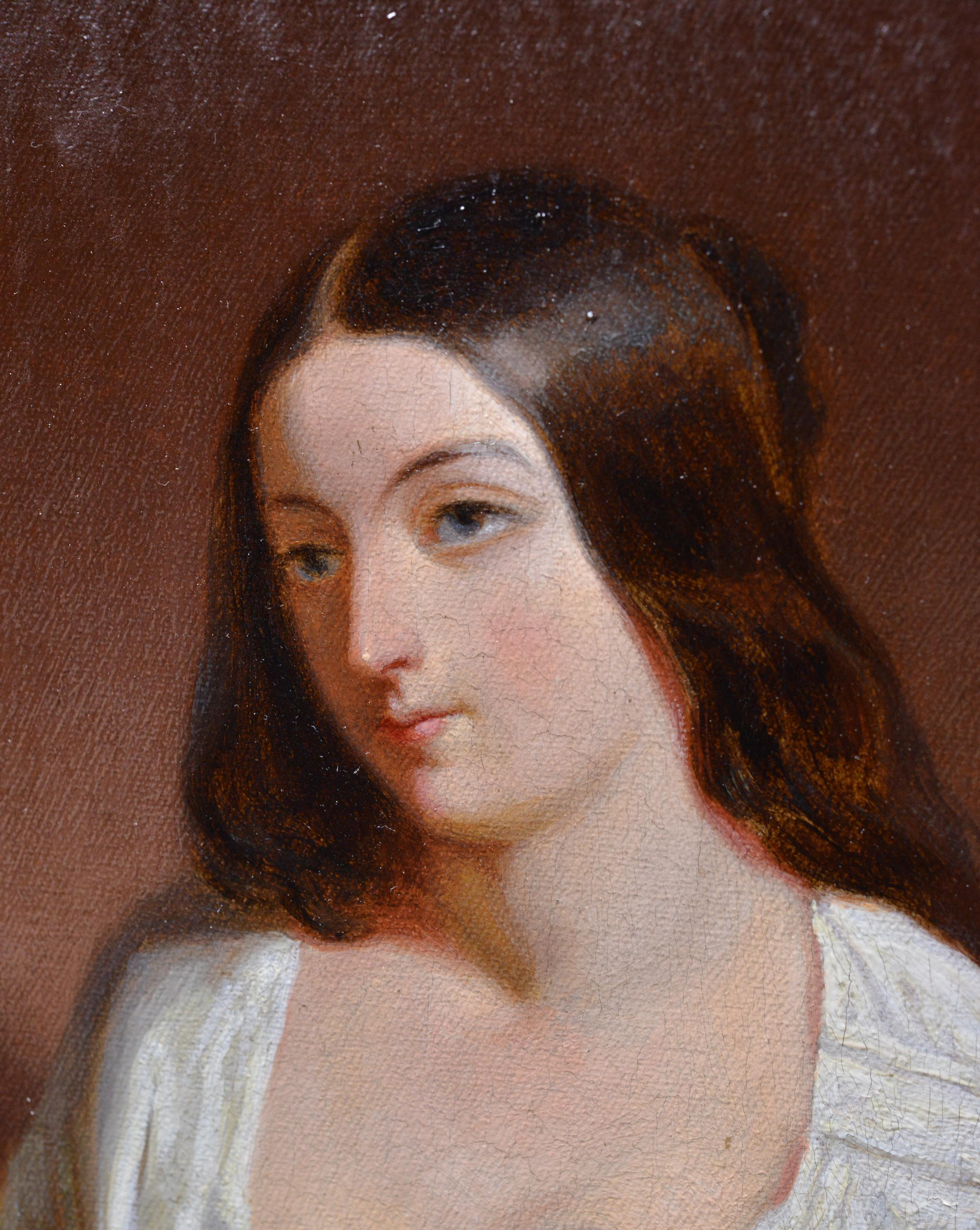 19th Century Neoclassical Oil Painting Romantic Portrait Lady Leaning on Sofa For Sale 1