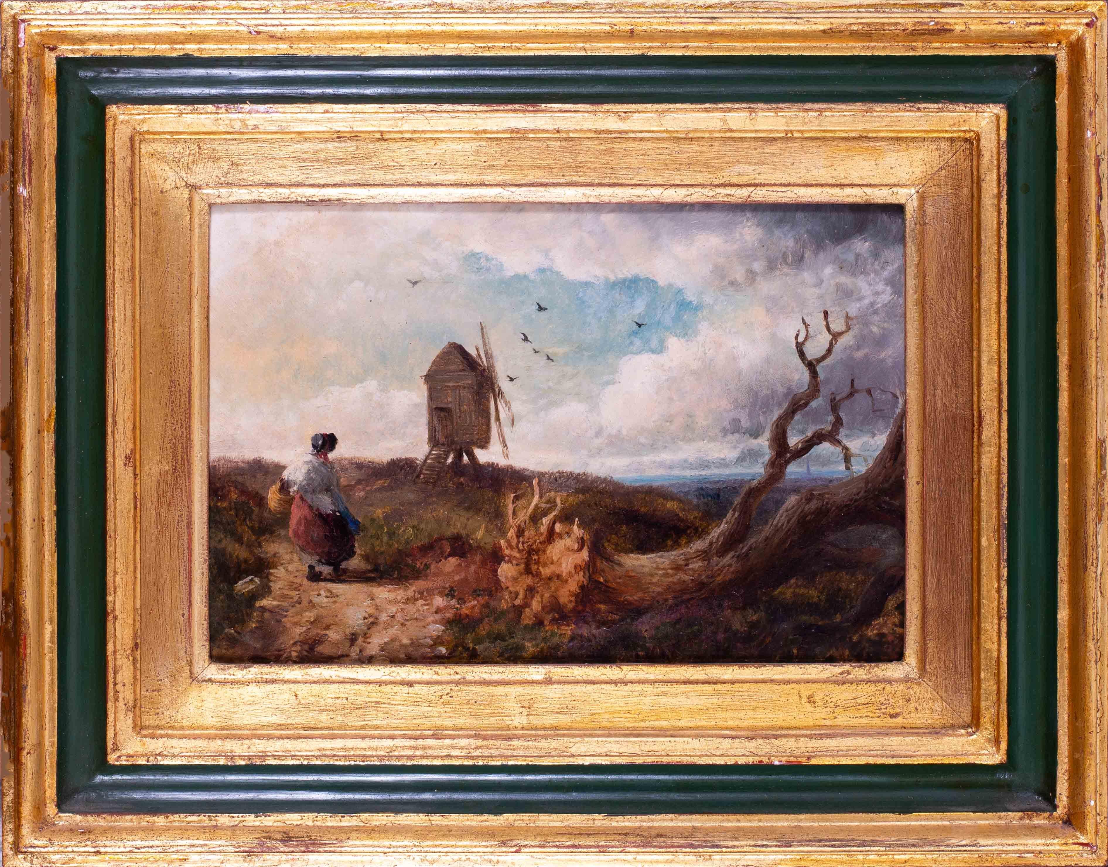 Peinture à l'huile de l'école de Norwich du 19e siècle représentant la route vers le marché