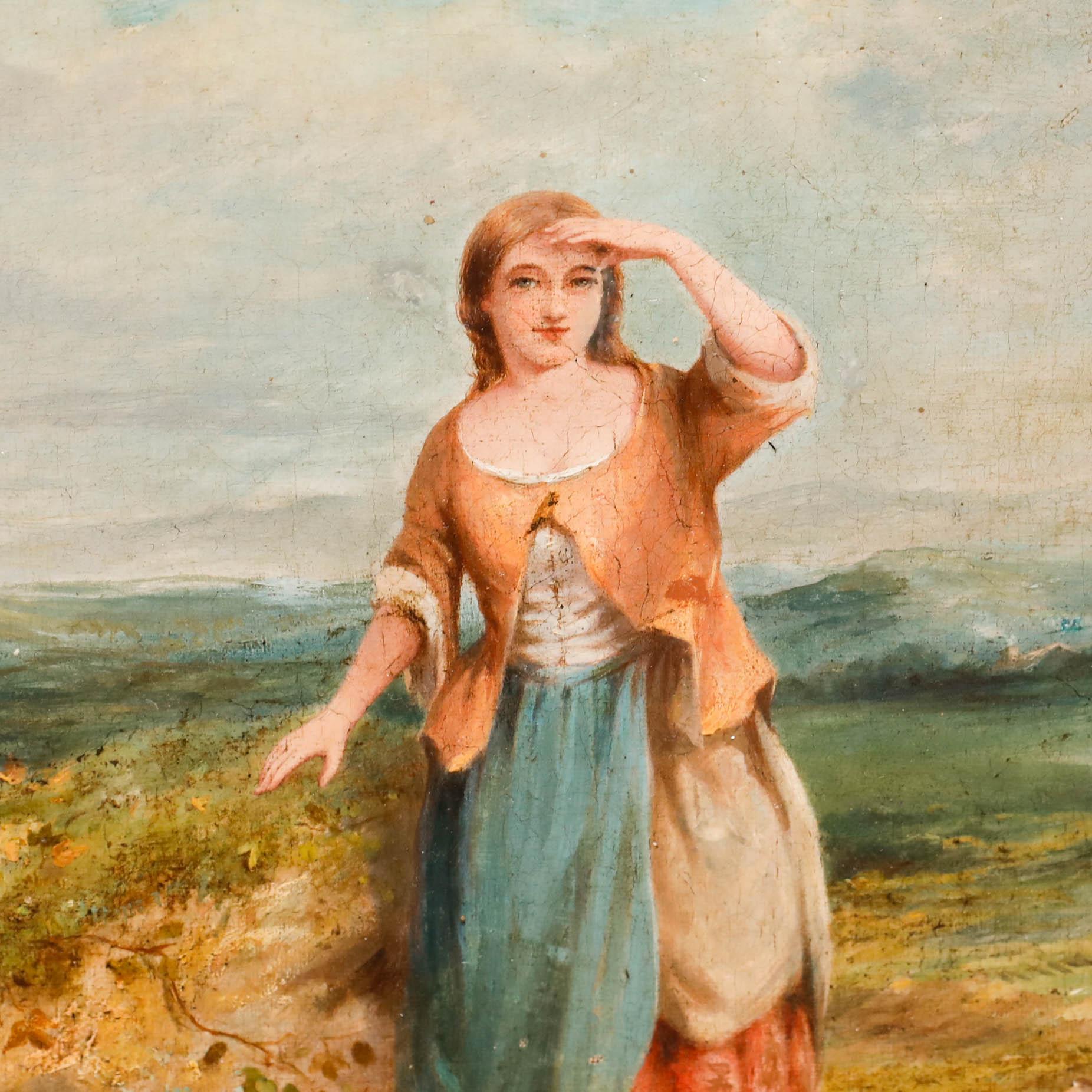 Huile du 19e siècle - Un long regard - Marron Portrait Painting par Unknown