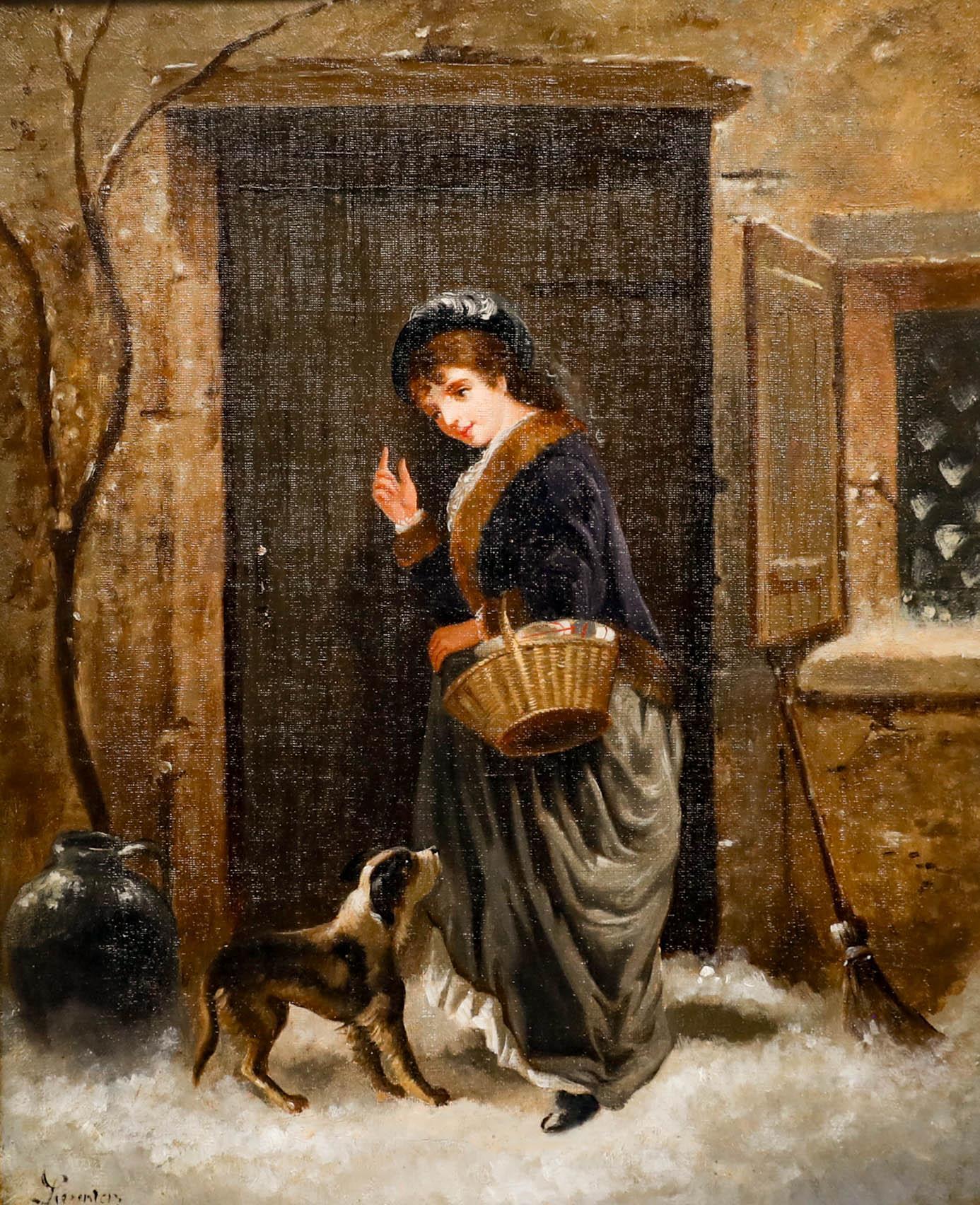 19th Century Oil - A Woman and Her Dog - Painting by Unknown