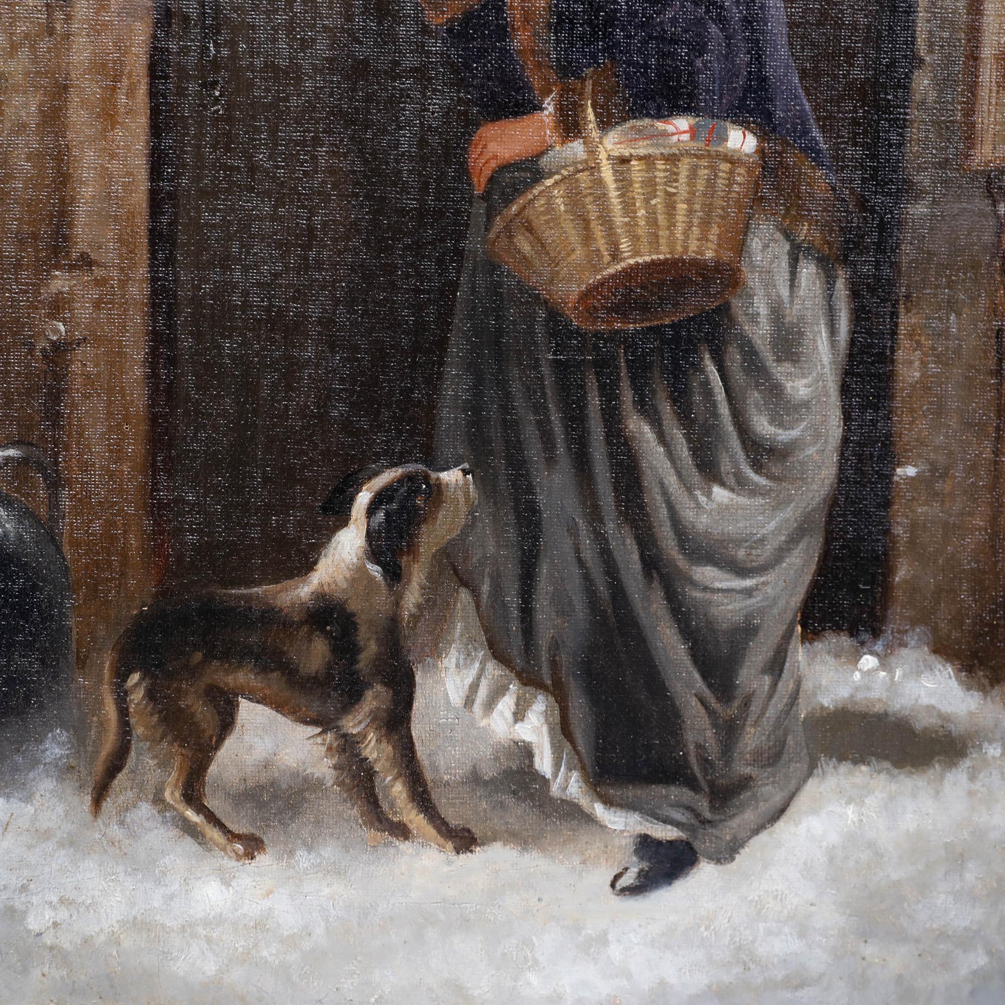 A charming scene depicting a woman and her dog calling on neighbours on a winter's day. The woman knocks on the door, holding a basket of goods close to her side. The artist captures the scene in a French romantic style made popular in the mid 19th