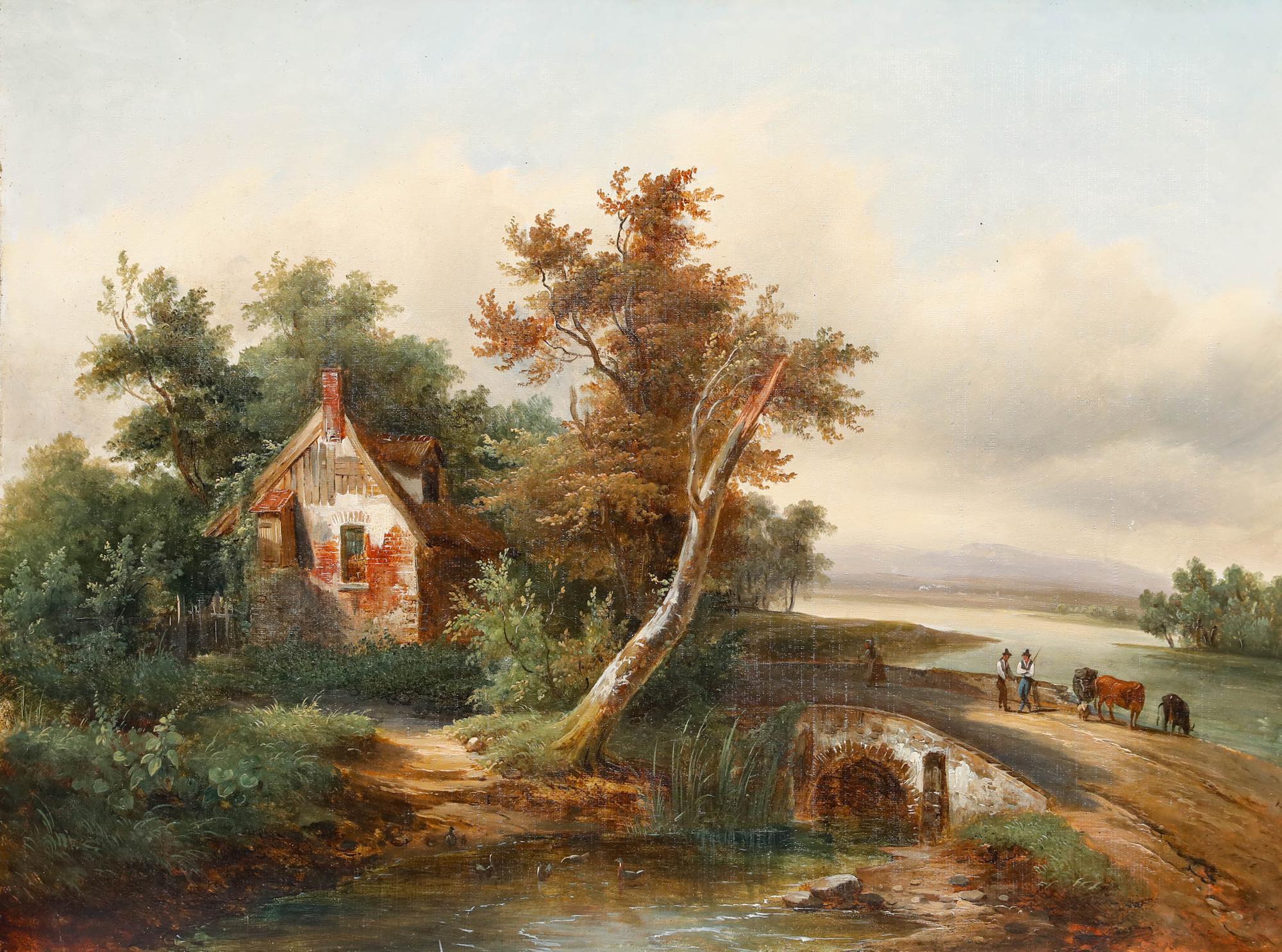 Ölgemälde des 19. Jahrhunderts – Across the Bridge – Painting von Unknown