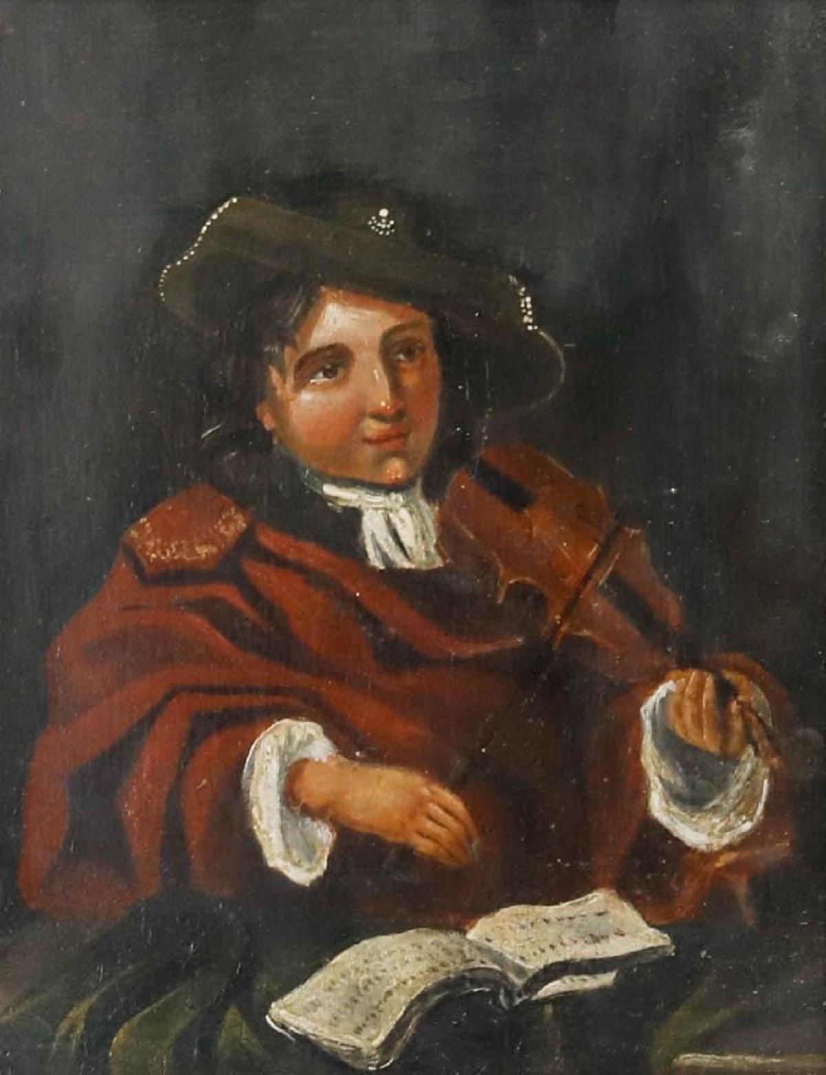 19th Century Oil - Boy Playing the Violin - Painting by Unknown