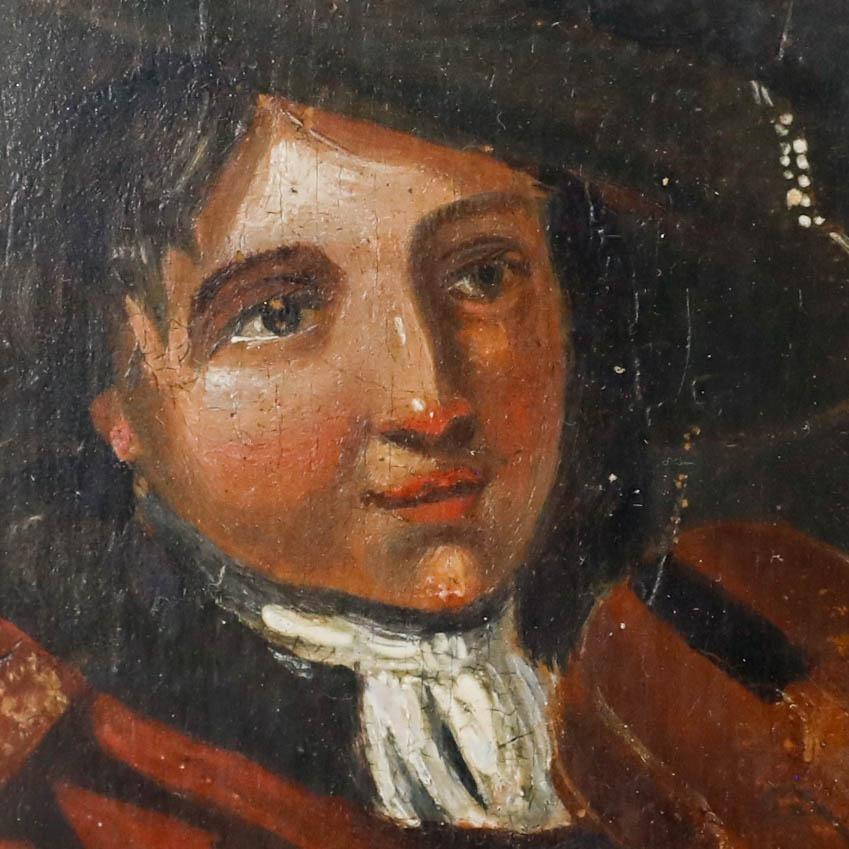 This intimate 19th-century portrait depicts a scholarly young boy in rich burgundy robes and a dark cap, captured playing the violin. Unsigned. Presented behind glass in a gilt frame with delicate foliate running patterns. On panel. 