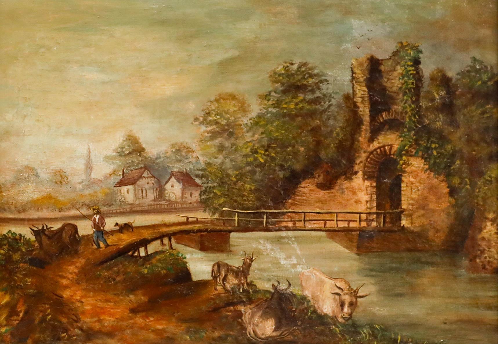 Öl des 19. Jahrhunderts - Brücke zur Ruine – Painting von Unknown