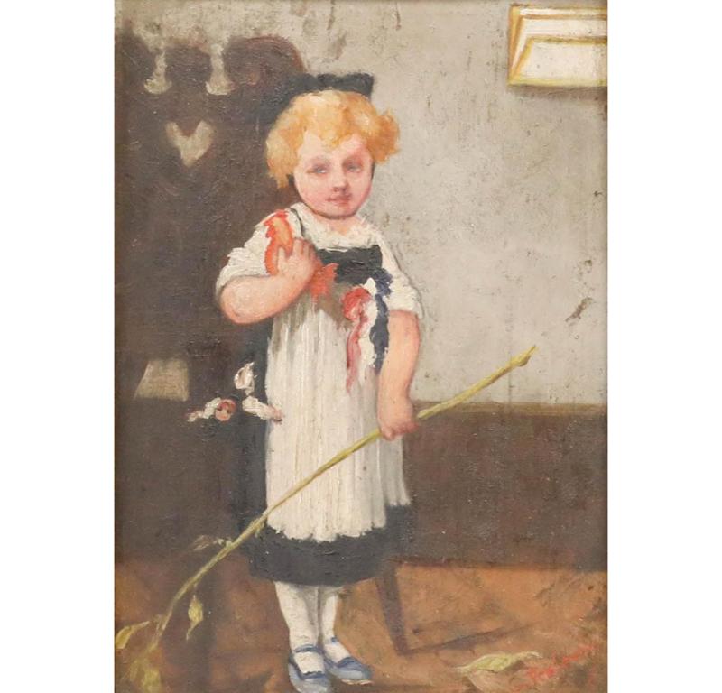19th Century Oil - Child with a Rooster and Branch - Painting by Unknown