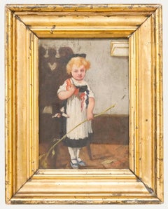 19th Century Oil - Child with a Rooster and Branch
