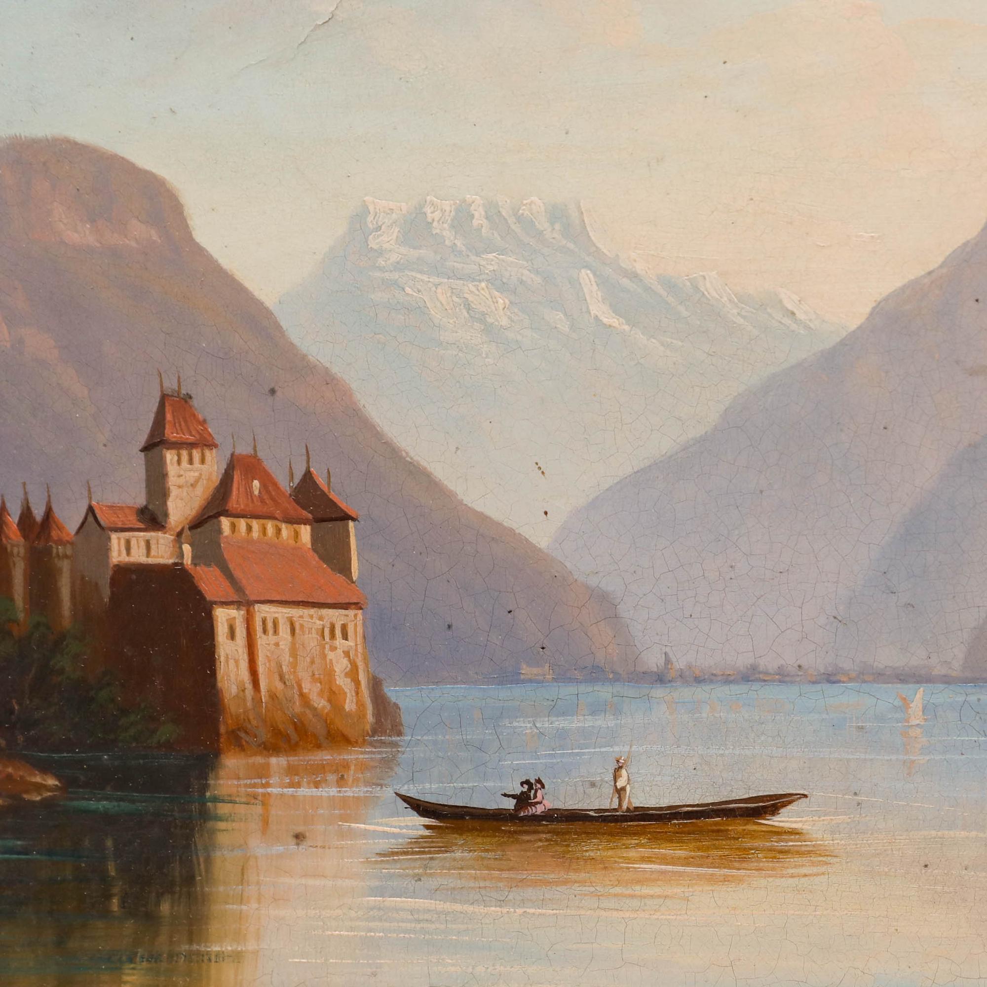 Eine reizvolle Darstellung des spektakulären Schlosses Chillon am Genfer See. Der Künstler stellt eine Figur in einem Ruderboot in den Vordergrund, die den Anblick des Schlosses und der malerischen Kulisse aufnimmt. Nicht signiert. Präsentiert in