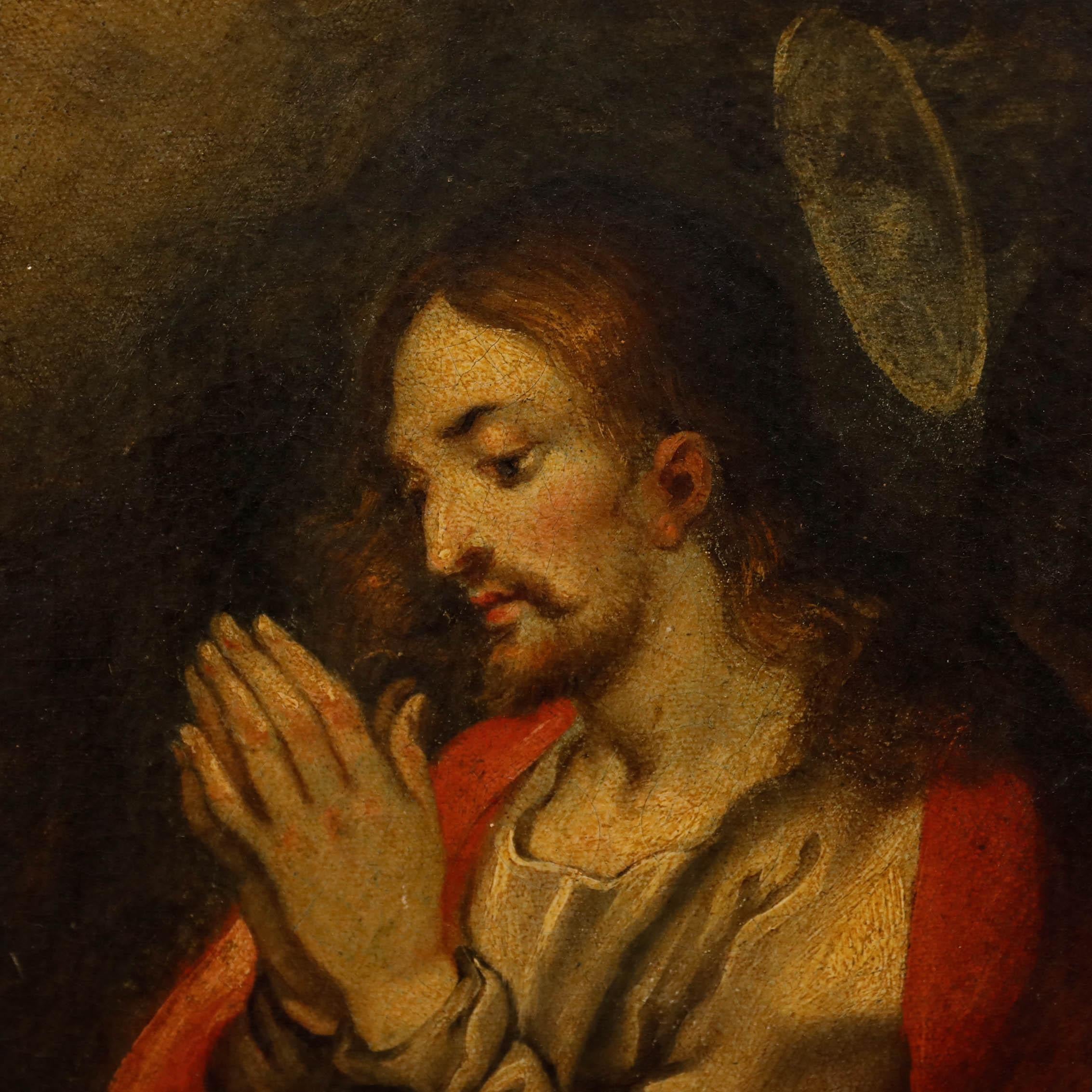 An atmospheric portrayal of Christ in prayer, hands clasped and head bowed in a posture of deep reverence. The subject is rendered in warm, rich tones of red and gold against a dark background, creating a sense of intimate solemnity.

Unsigned.