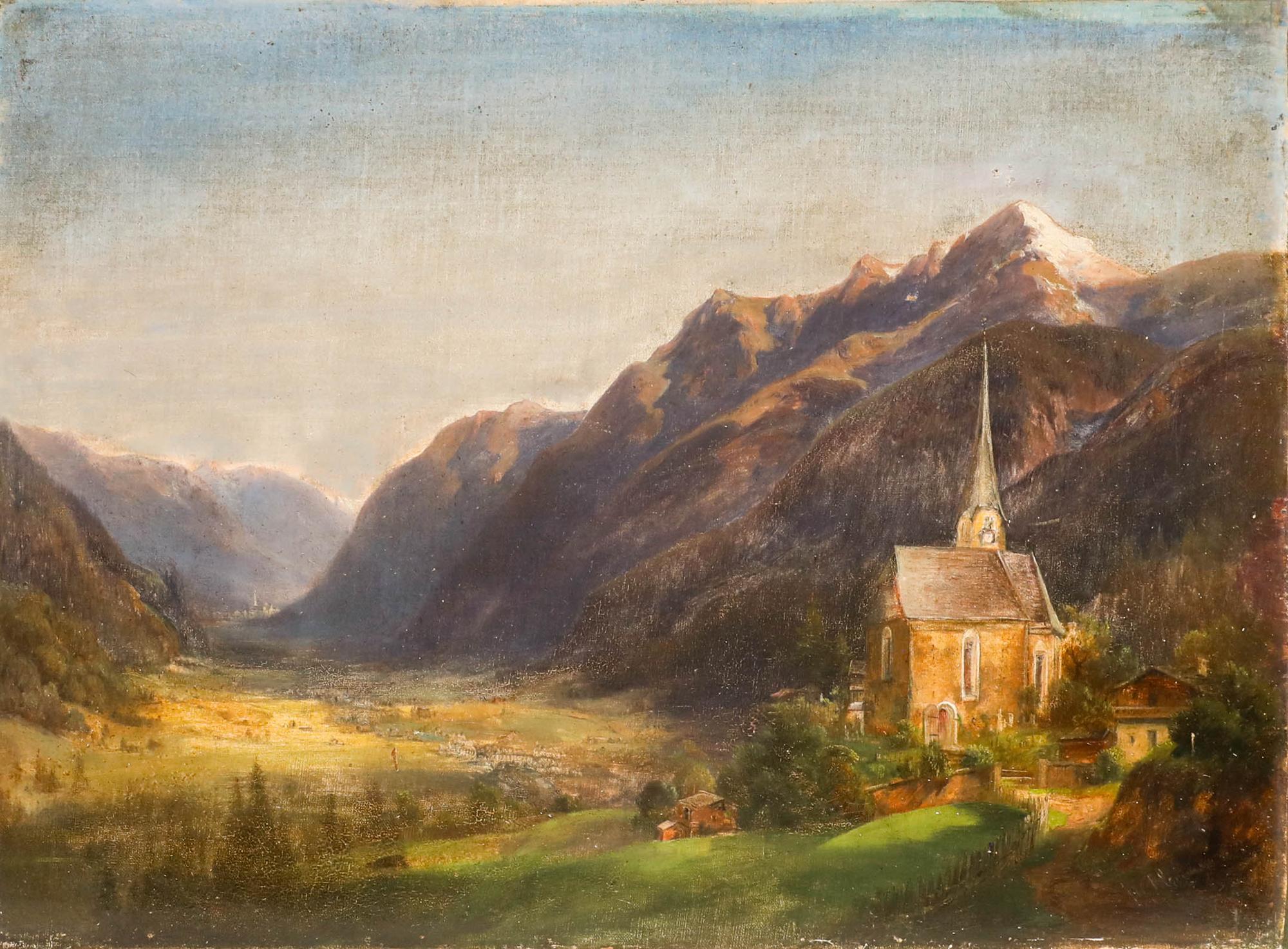 19th Century Oil - Church in the Alps - Painting by Unknown