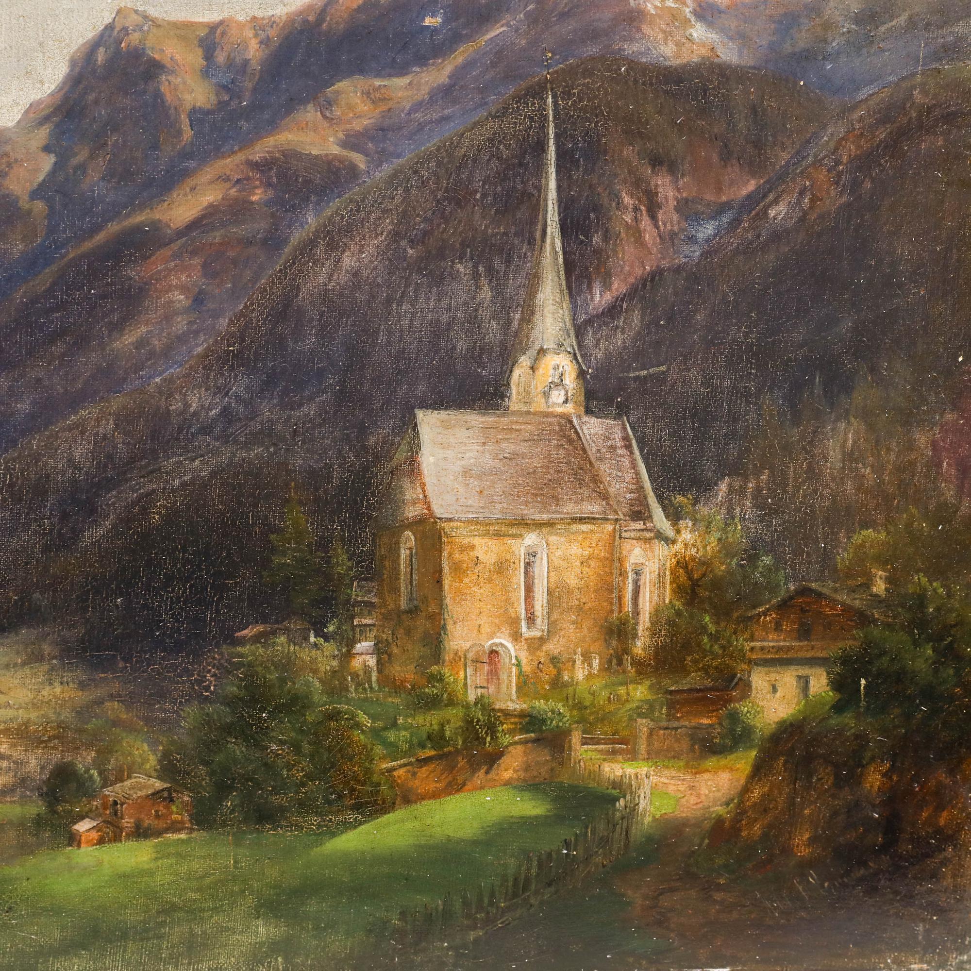 A charming 19th-century oil depicting an alpine landscape, with rugged peaks rising in the distance under a soft, hazy sky. To the foreground a quaint church is nestled in the valley. Signed illegibly to the lower right. This artwork was acquired