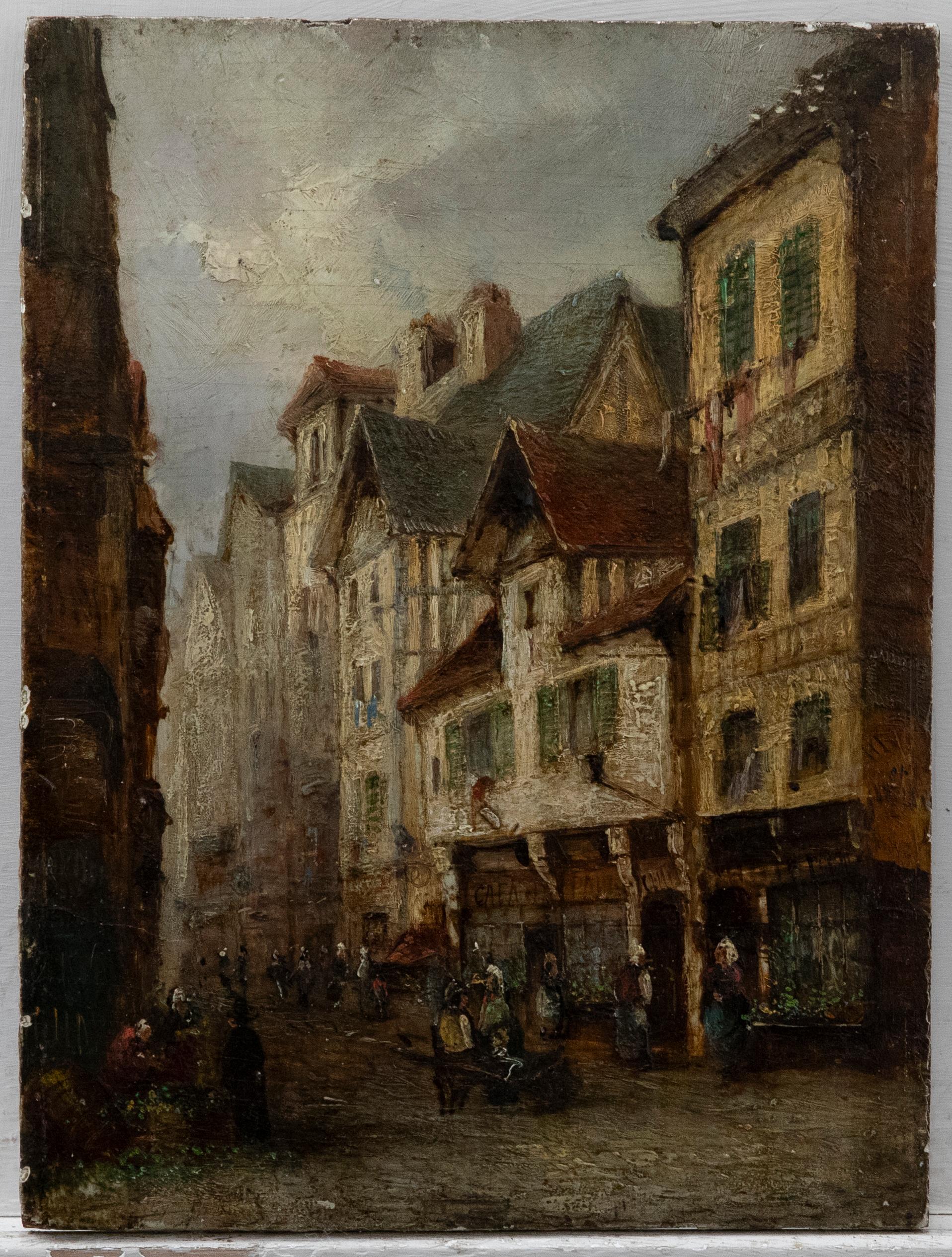 19th Century Oil - Continental Market Town II - Painting by Unknown