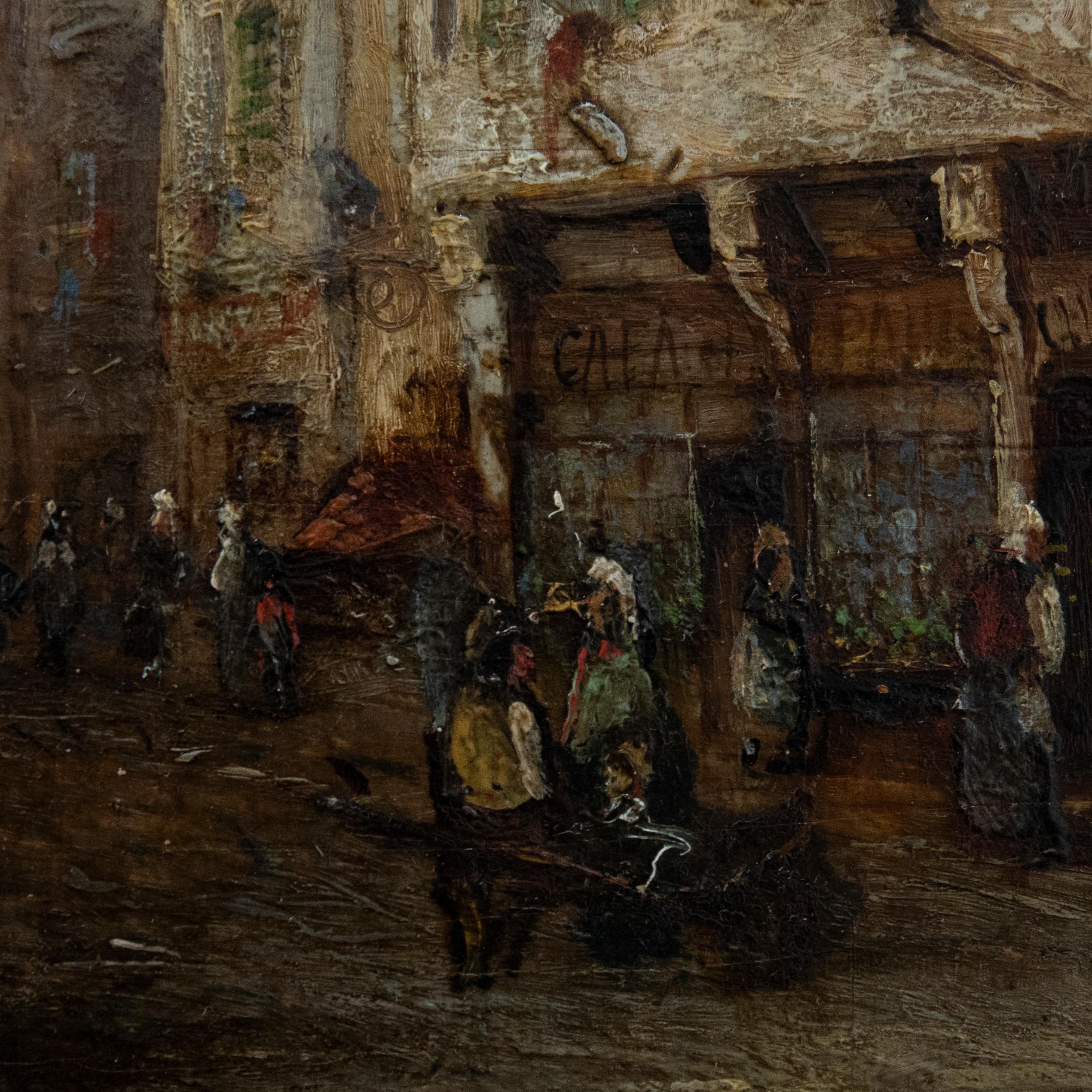 A charming scene depicting a continental street. The artist captures figures wondering before half-timbered buildings filled with cafes and small shops. One of a pair of panels depicting bustling market scenes by the same hand. Unsigned. On oak