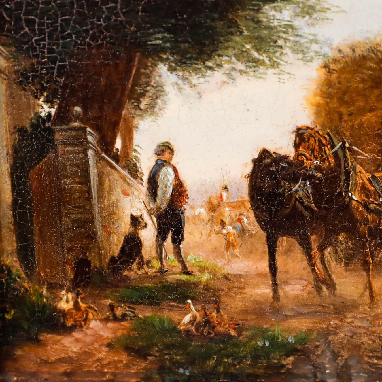 Eine charmante ländliche Szene, die einen Pferdewagen auf einer Landstraße zeigt. Auf der linken Seite stehen ein Mann und sein Hund, während im Vordergrund Enten auf dem Gras sitzen. Gut präsentiert in einem verschnörkelten Rahmen mit Goldeffekt.