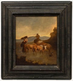 19th Century Oil - Drover and Cattle Crossing a Stream