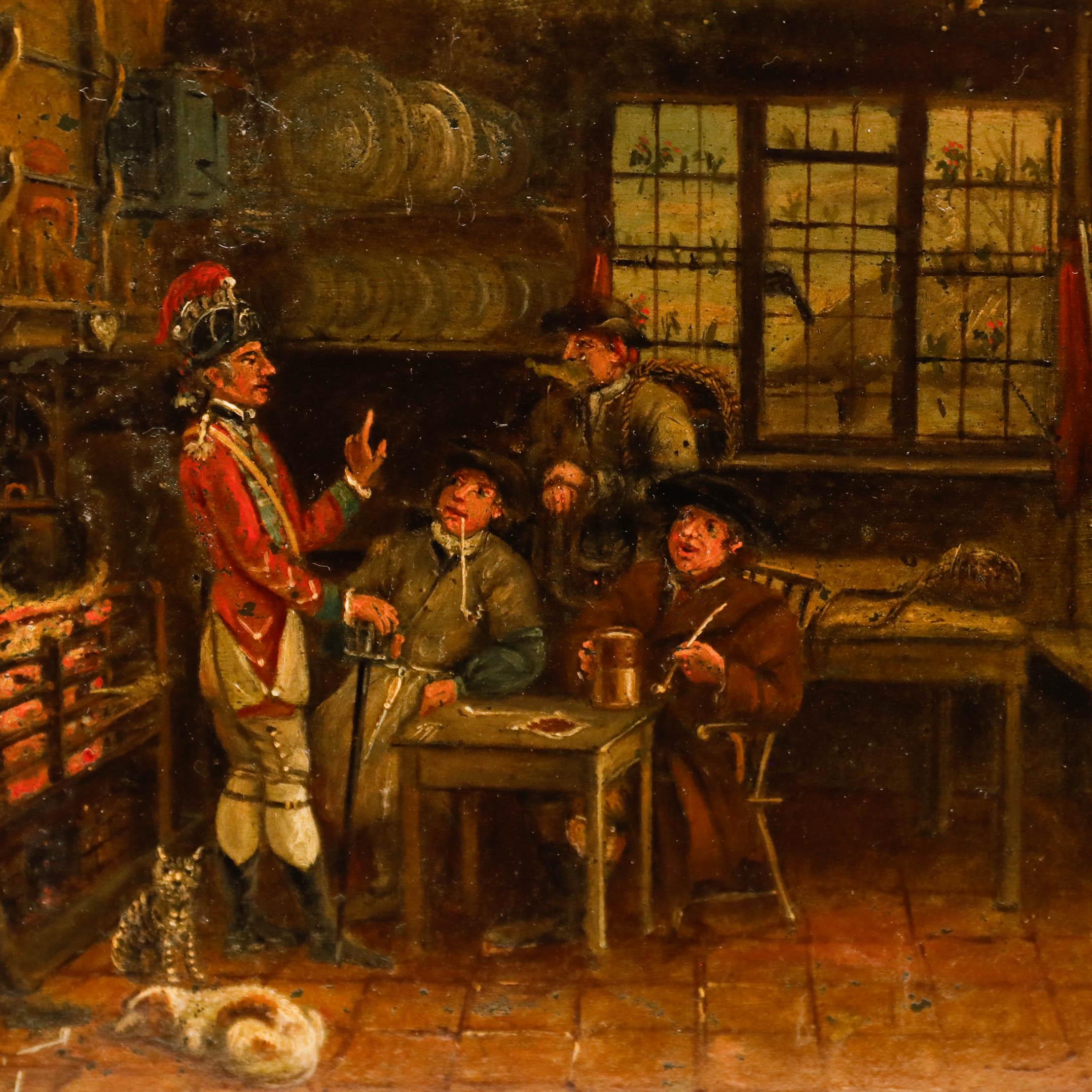 19th Century Oil - Evening At The Tavern - Beige Figurative Painting by Unknown