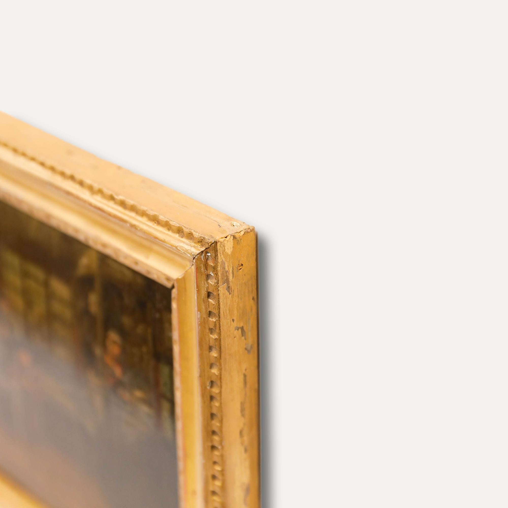 A charming scene depicting a bustling tavern with men listening to a soldier, a cat and dog in front of the fire and a maid pouring drinks behind the bar.

Unsigned. Presented in a gilt frame. On copper. 