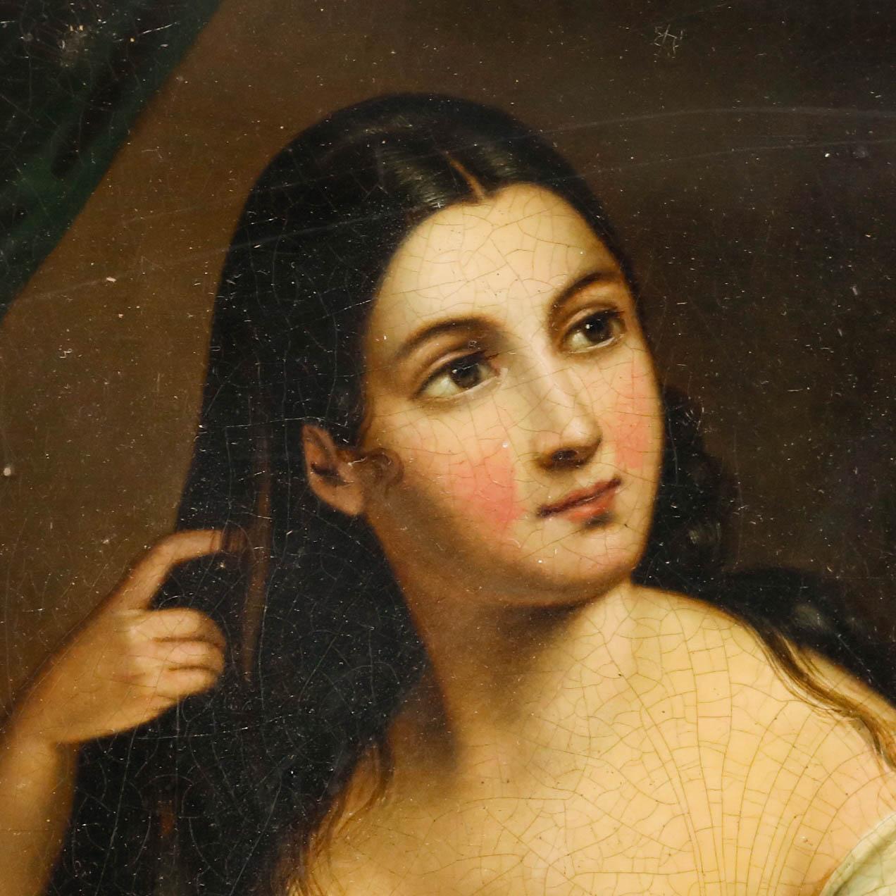 Nicht signiert. Gut präsentiert in einem geschwungenen vergoldeten Rahmen mit Blattornamenten. Auf der Dose. Bildgröße: 23 x 18 cm.