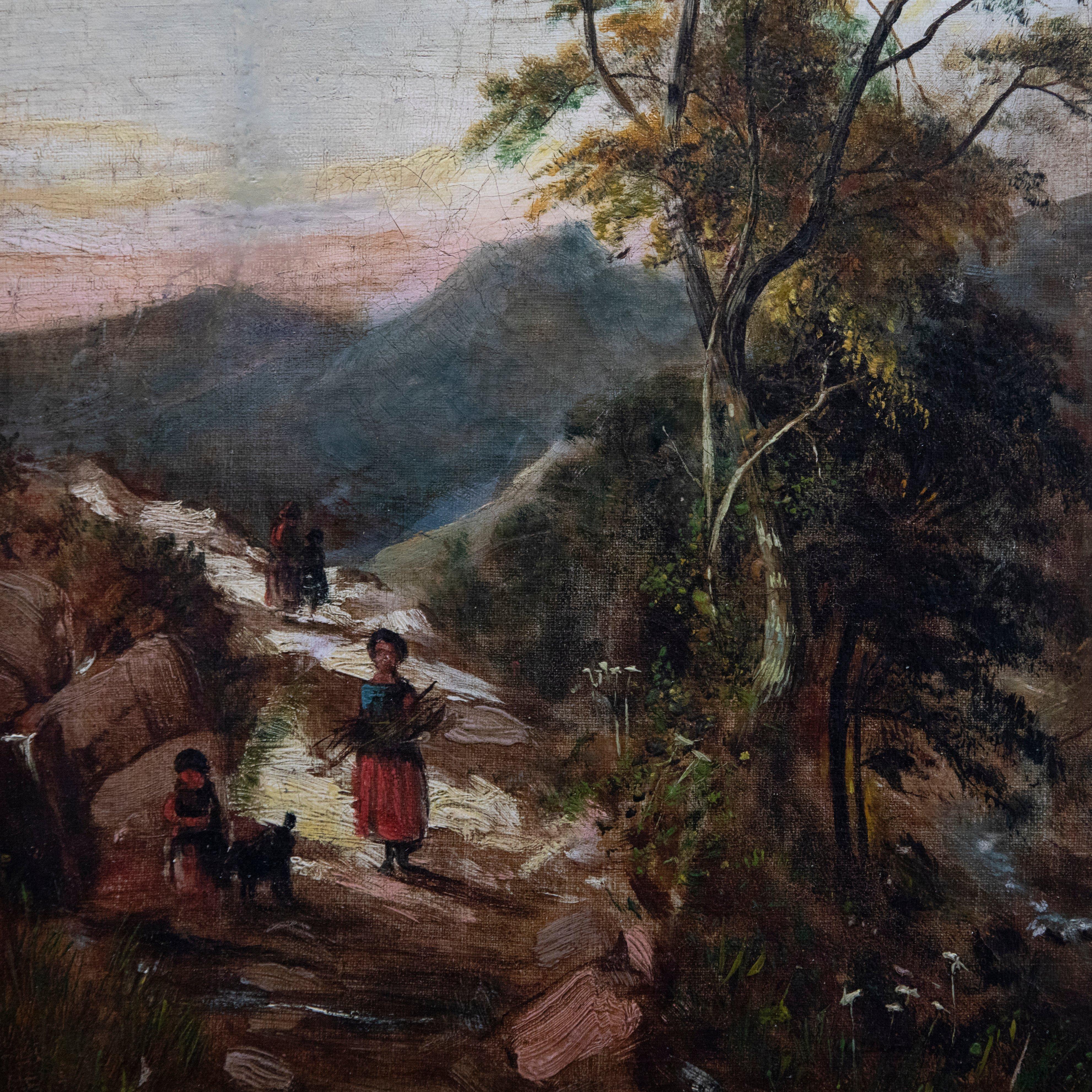 Eine reizvolle Ölstudie aus dem 19. Jahrhundert, die Figuren auf einem Bergpfad darstellt. Die untergehende Sonne am Horizont wirft ein warmes Licht auf die Szene und beleuchtet die Figuren und Tiere, die den steilen Weg entlanglaufen. Die Figuren