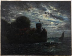 Huile du 19e siècle - Pêche au clair de lune