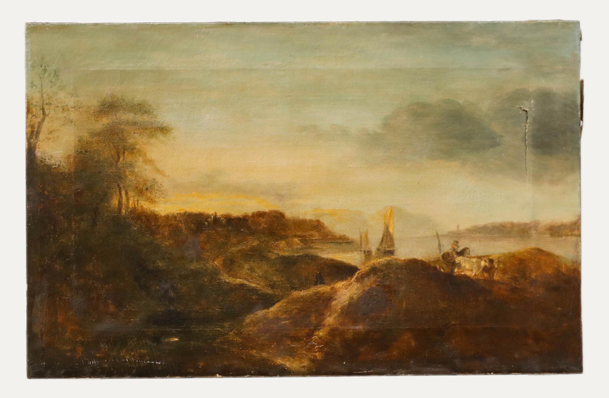 Huile du 19ème siècle à restaurer - Voiliers dans la grotte - Painting de Unknown