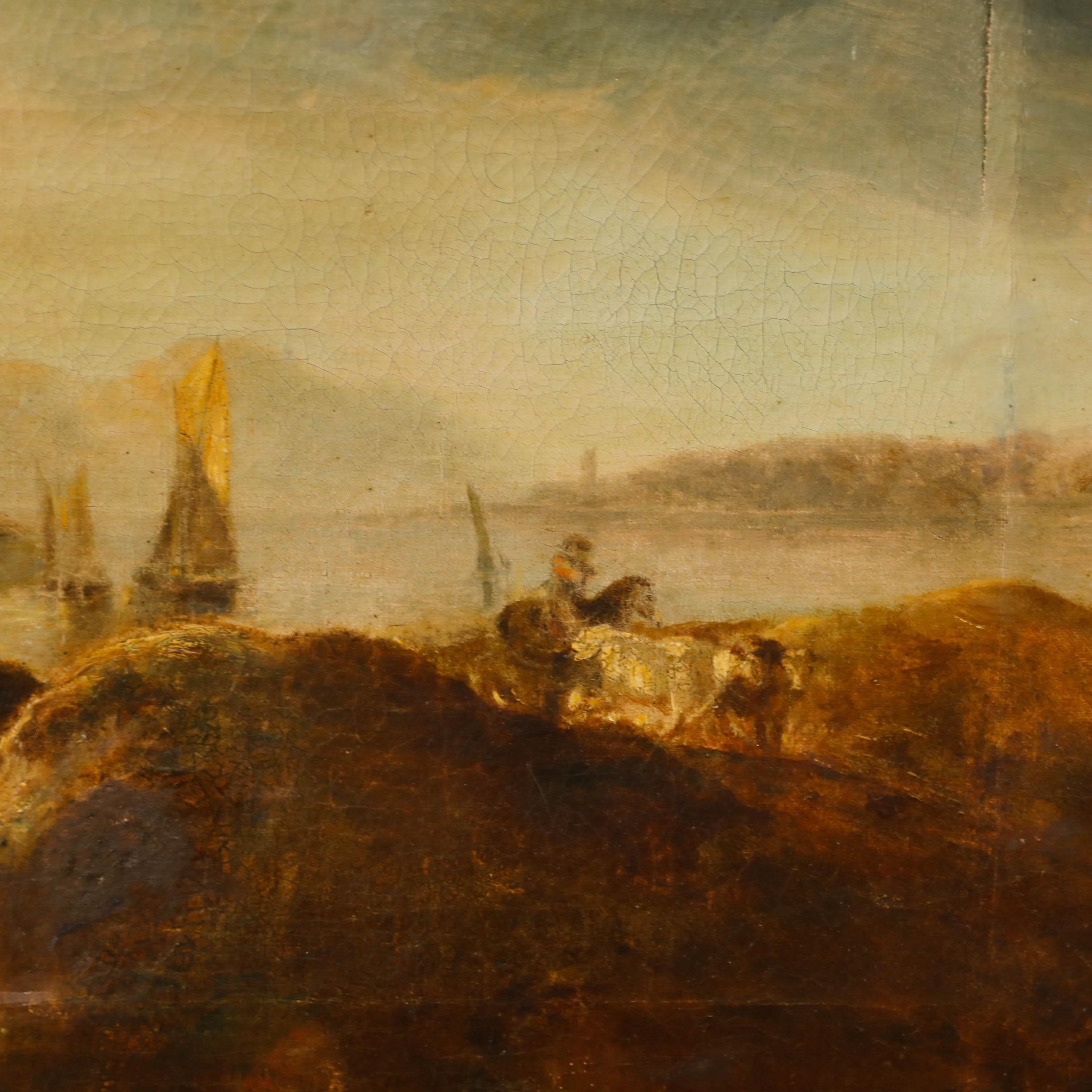 Charmante scène de paysage du XIXe siècle représentant des bateaux à voile dans une crique rocheuse. A restaurer. Non signée. Sur toile.