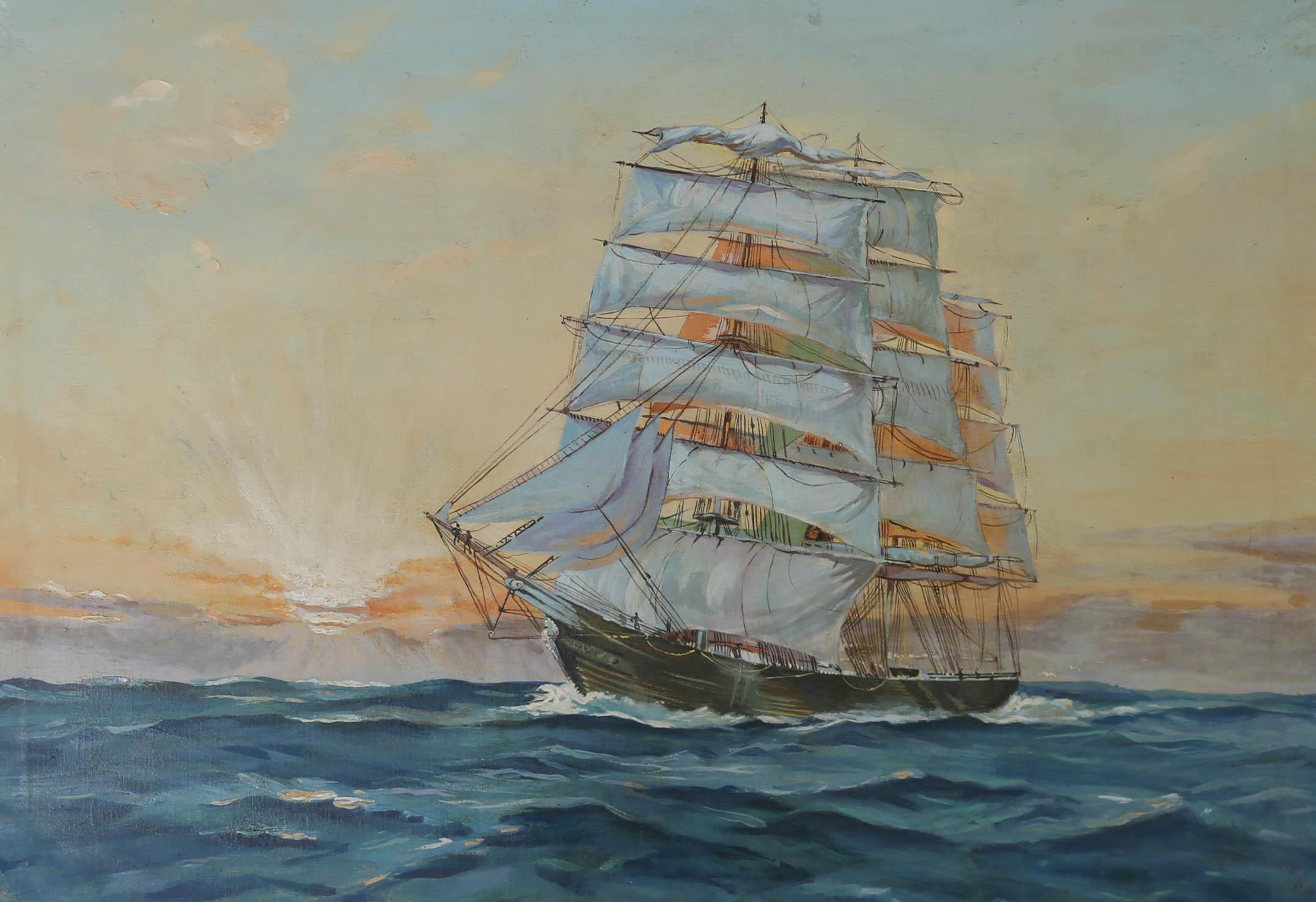 19th Century Oil - Frigate at Sunset - Painting by Unknown