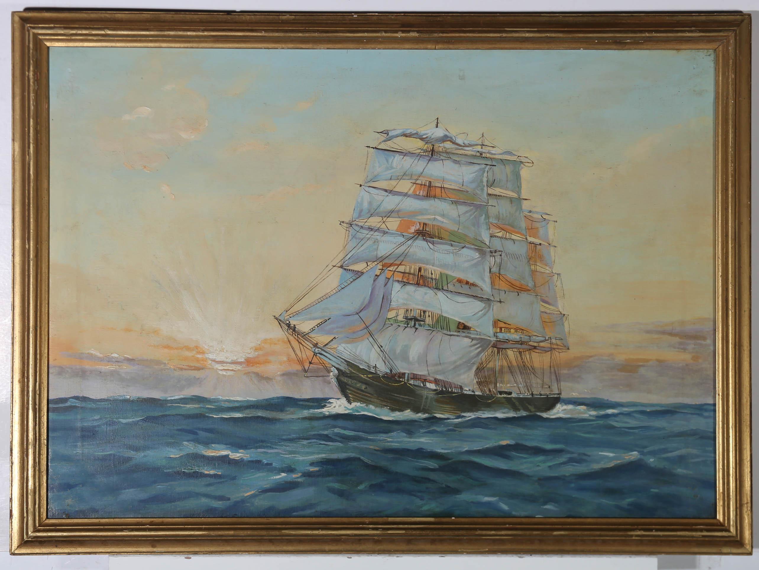 A delightful depiction of a large sailing vessel on the waves as the sun sets on the horizon. Unsigned. Presented in a distressed gilt frame On canvas.
