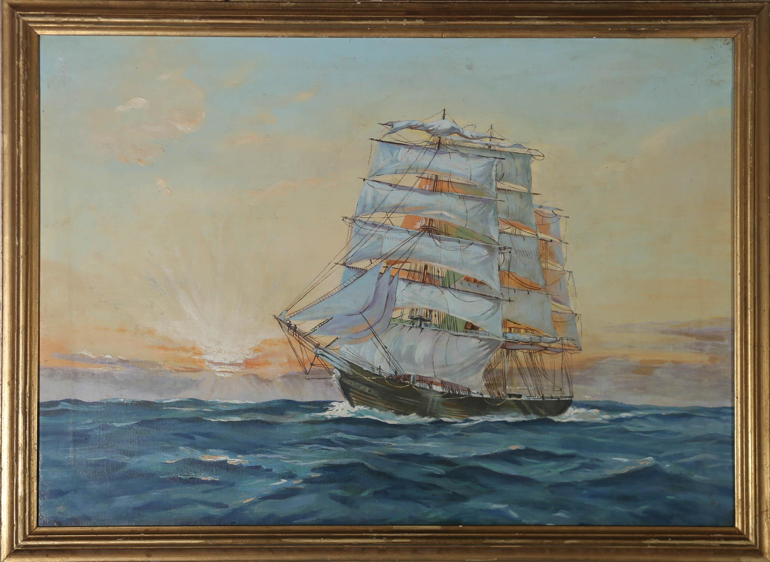 Unknown Figurative Painting - 19th Century Oil - Frigate at Sunset