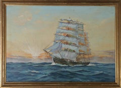 Olio del XIX secolo - Fregata al tramonto
