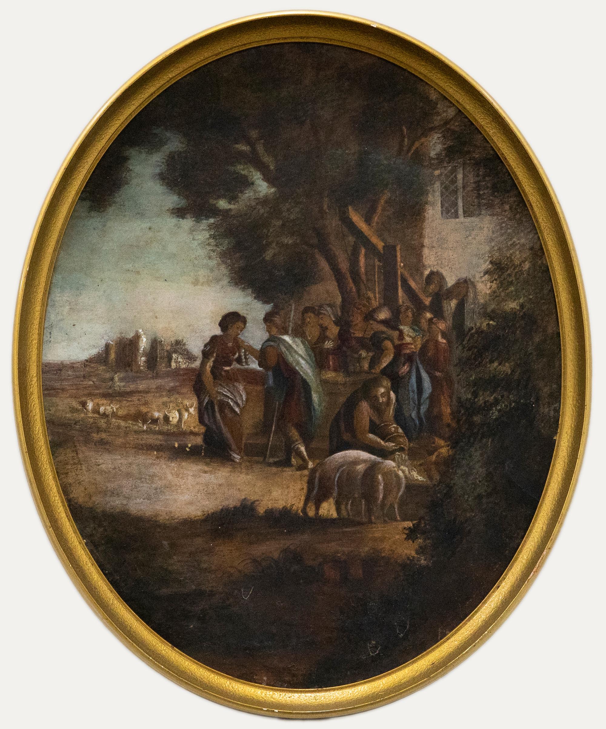 Figurative Painting Unknown - Huile du 19e siècle - Rassemblés autour du puits