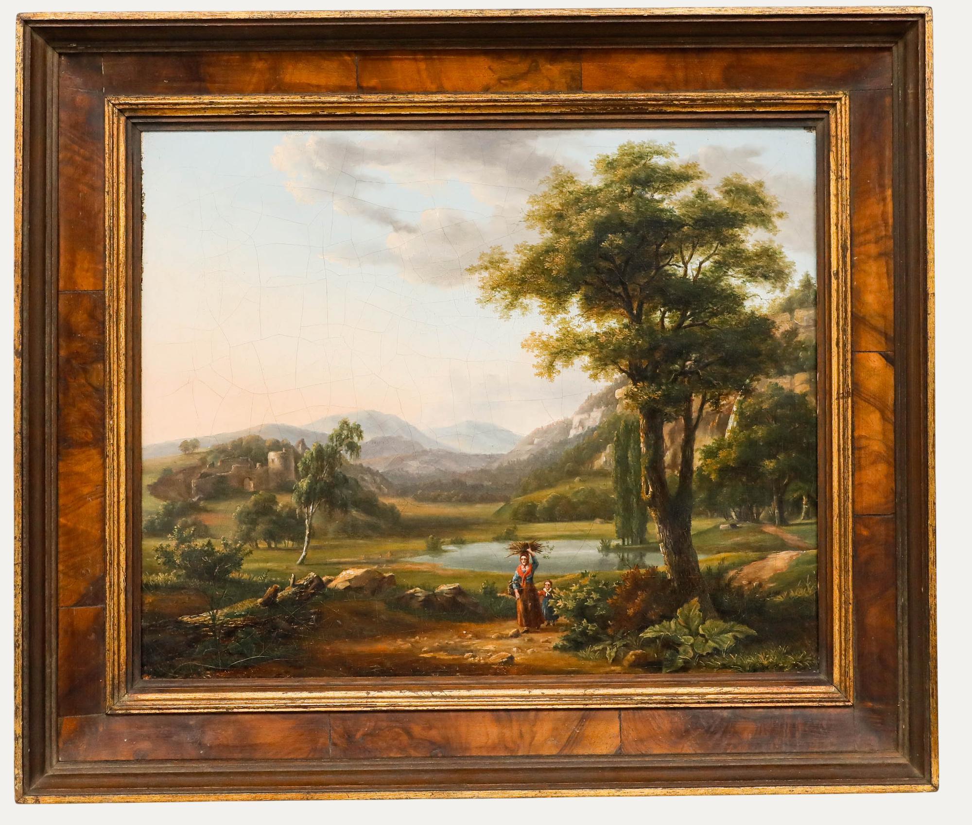 Unknown Landscape Painting - 19th Century Oil - Gathering Firewood