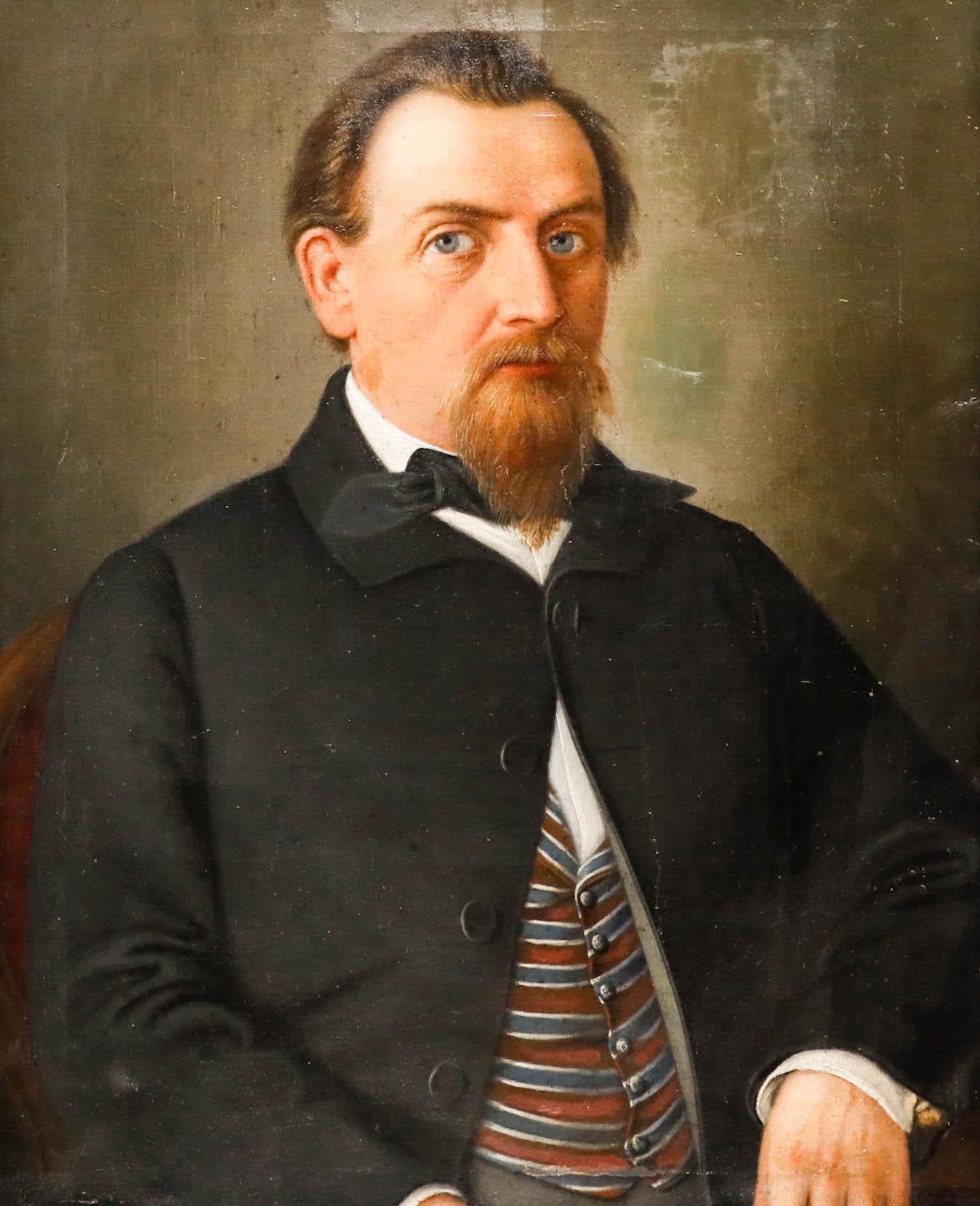19th Century Oil - Gentleman in a Striped Waistcoat - Painting by Unknown