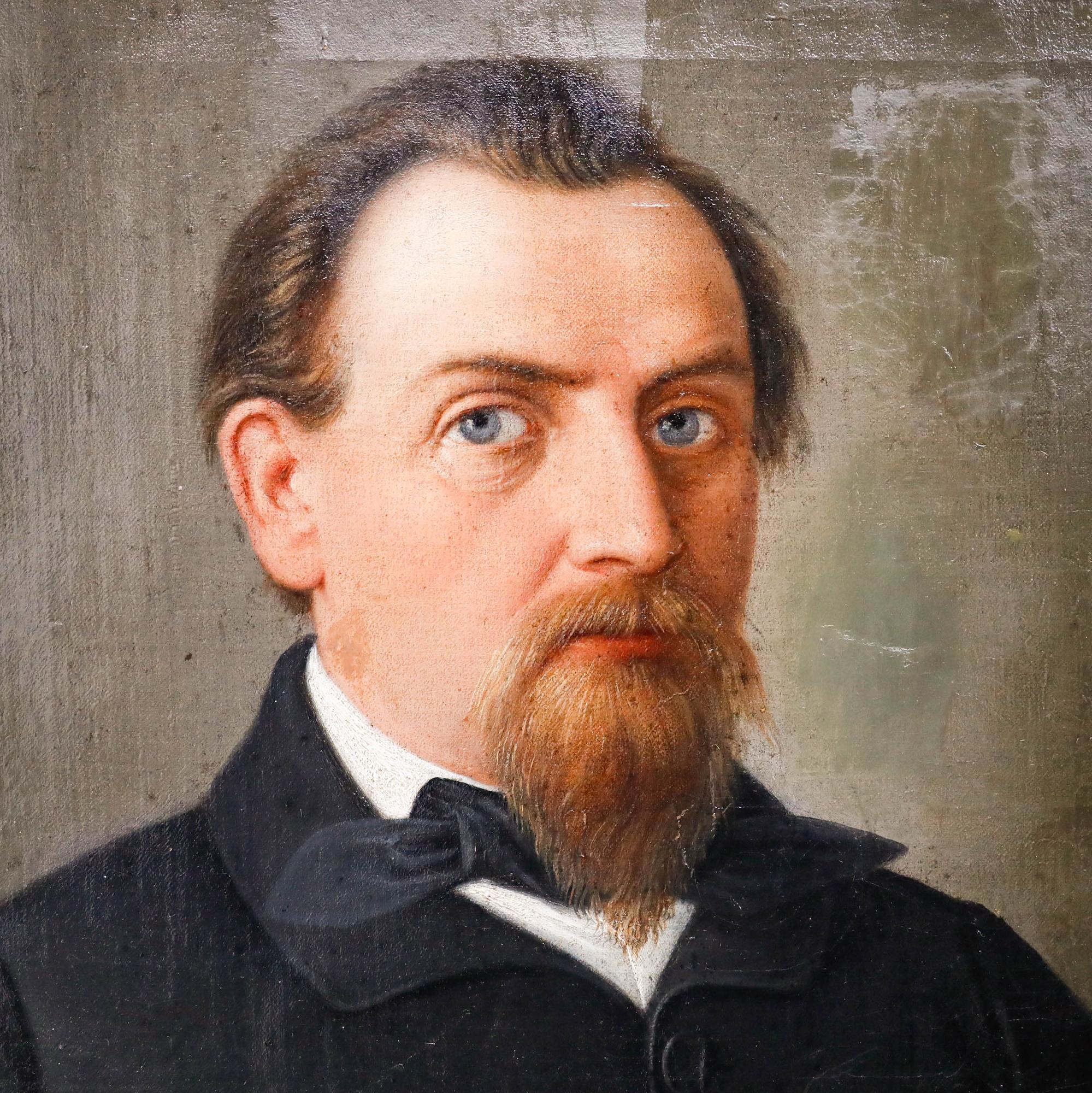 A charming 19th-century portrait depicting a distinguished gentleman in a distinctive striped waistcoat. Rendered with great attention to detail. Unsigned. Well presented in a dark wooden frame. On canvas on stretchers.