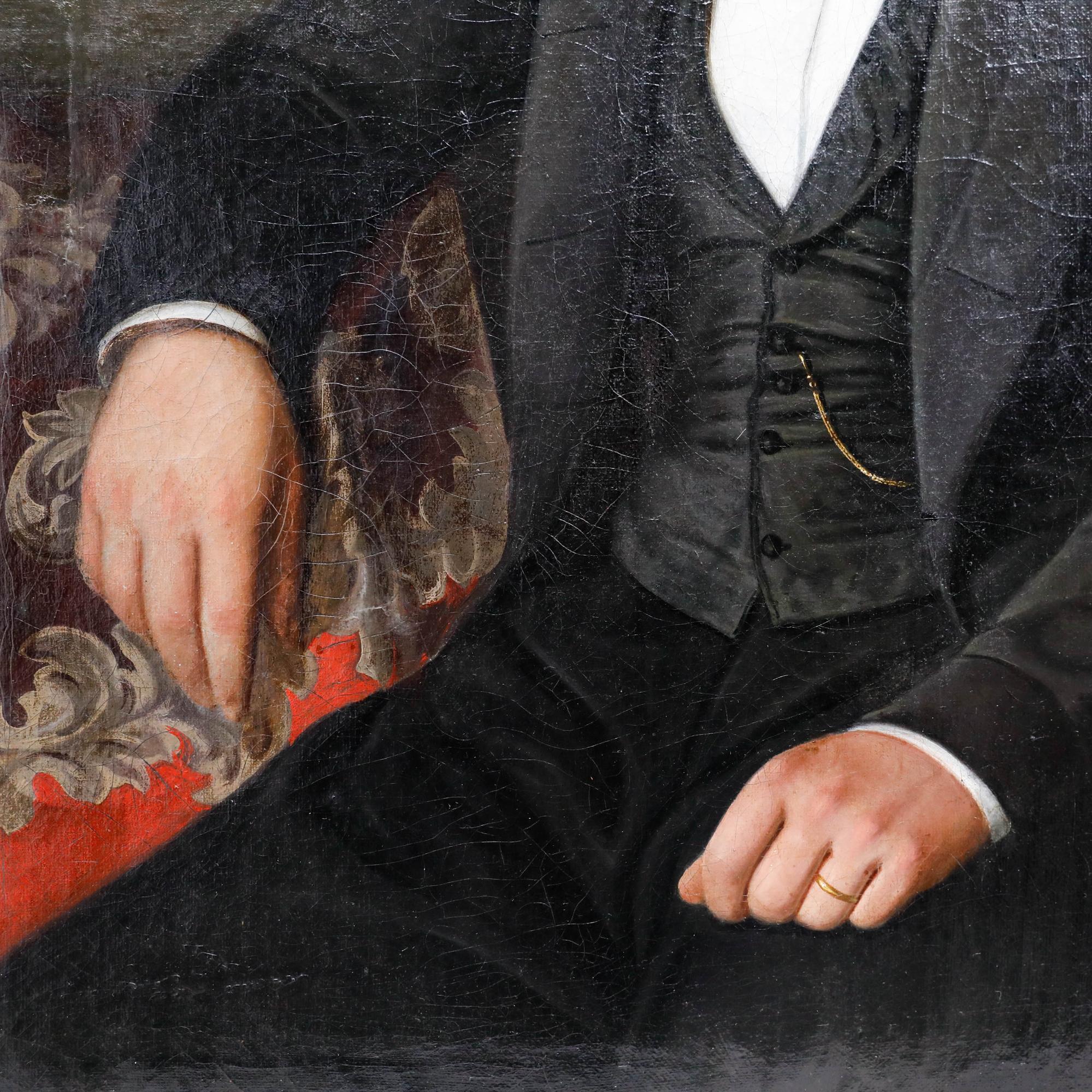 A meticulously detailed 19th-century portrait of a distinguished Victorian gentleman clad in elegant finery. His gold pocket watch chain drapes subtly across his waistcoat, while a gold ring catches the light with a glint. The artist has rendered