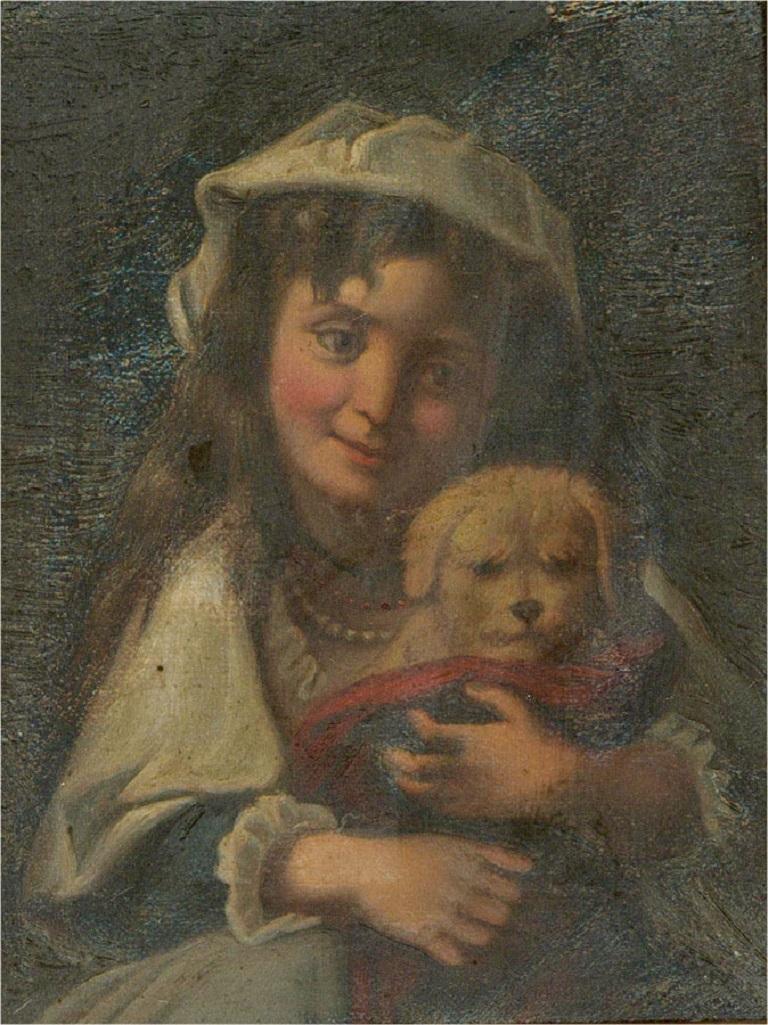 19th Century Oil - Girl and Dog - Painting by Unknown