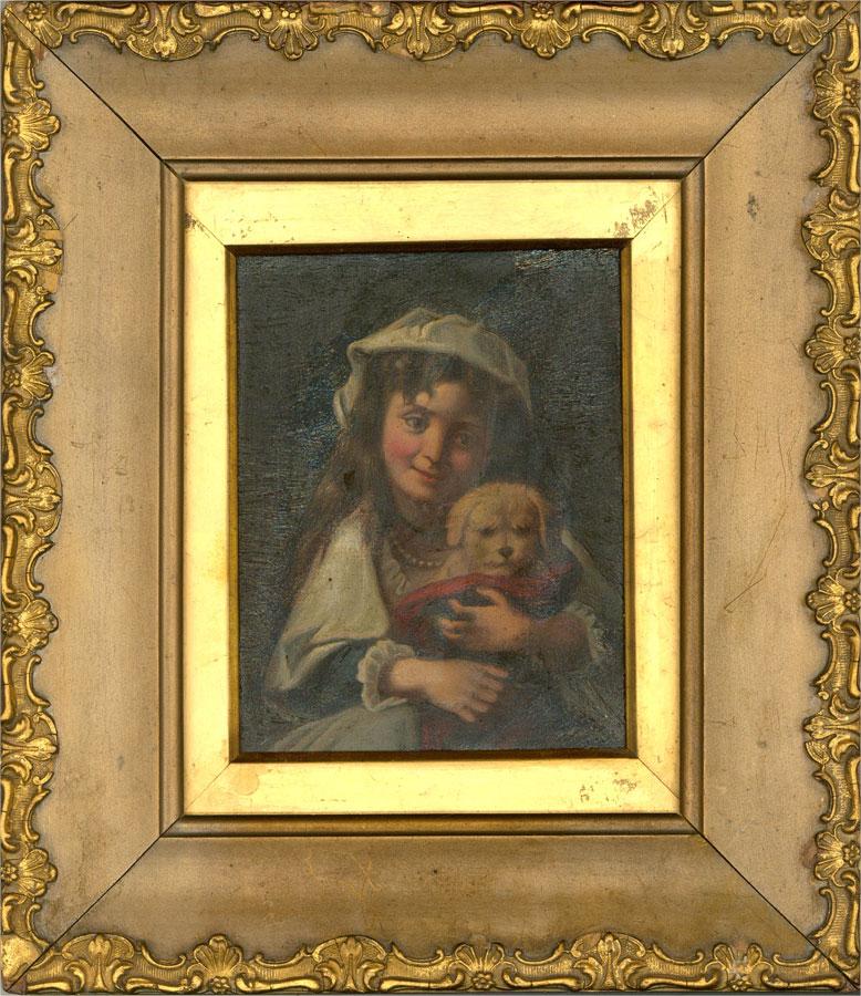 19th Century Oil - Girl and Dog - Brown Portrait Painting by Unknown
