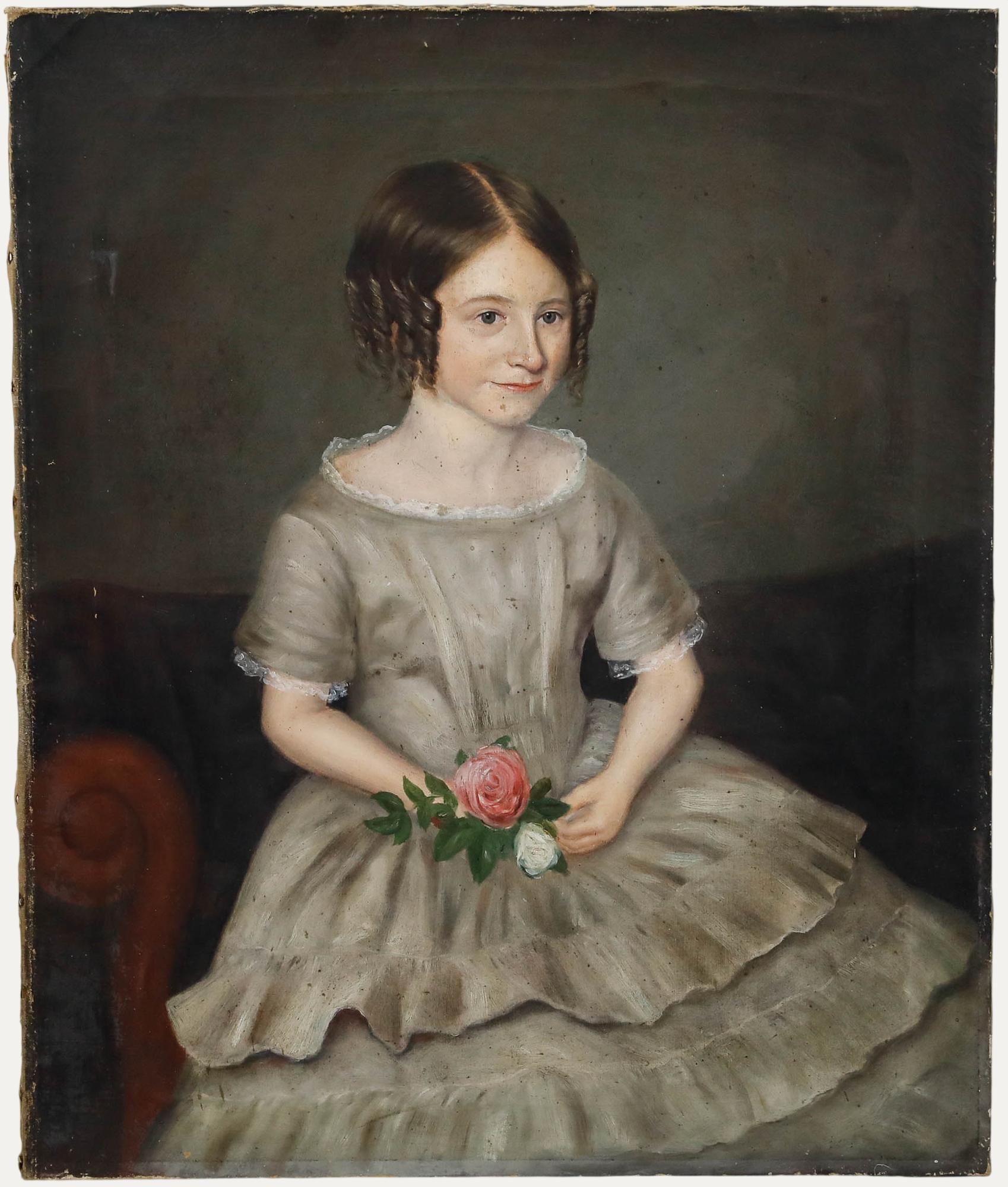 19th Century Oil - Girl Holding Flowers