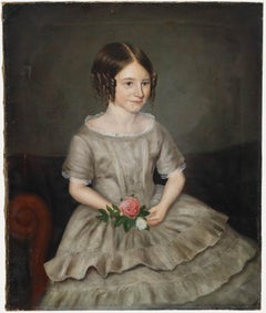 19th Century Oil - Girl Holding Flowers
